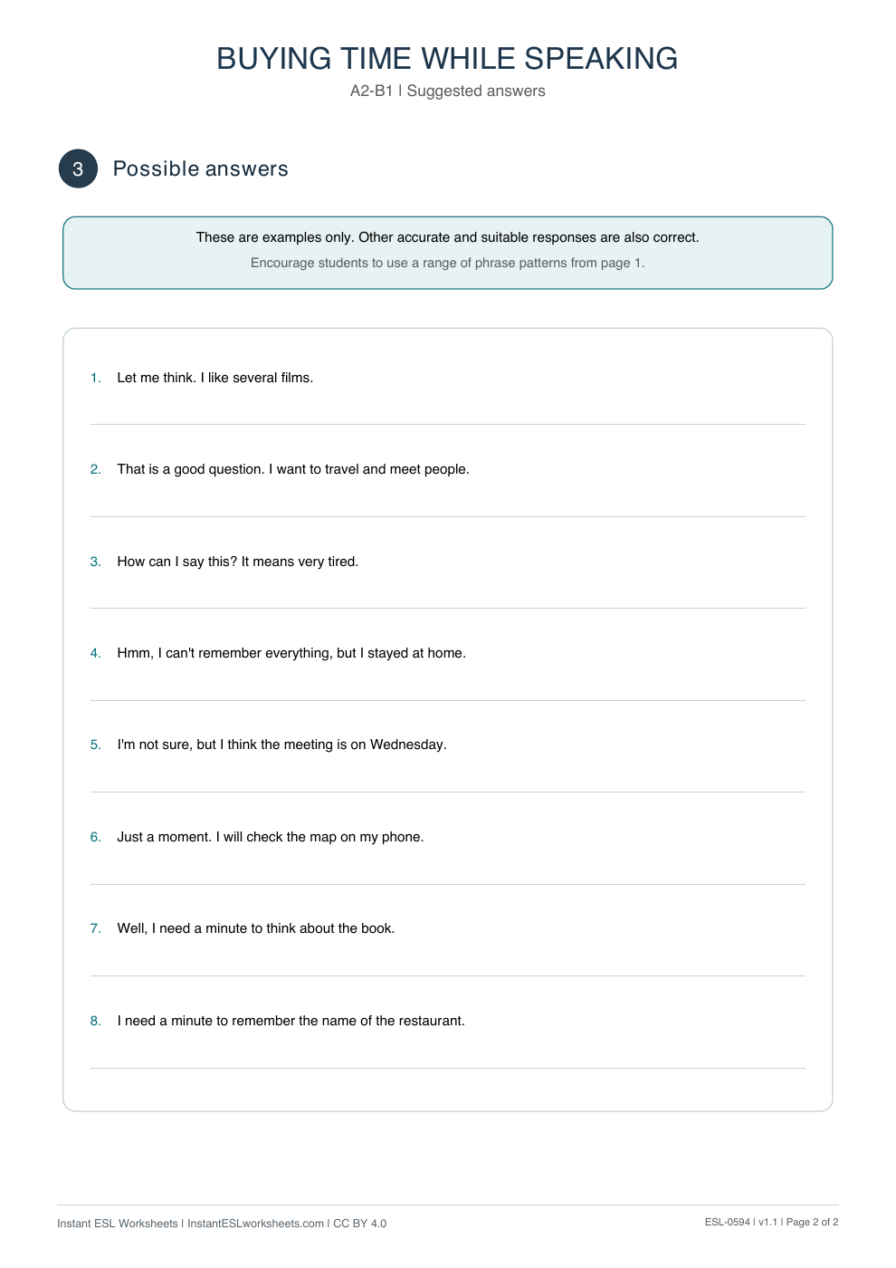 Page 2 of Buying Time While Speaking - Functional Language - answer key
