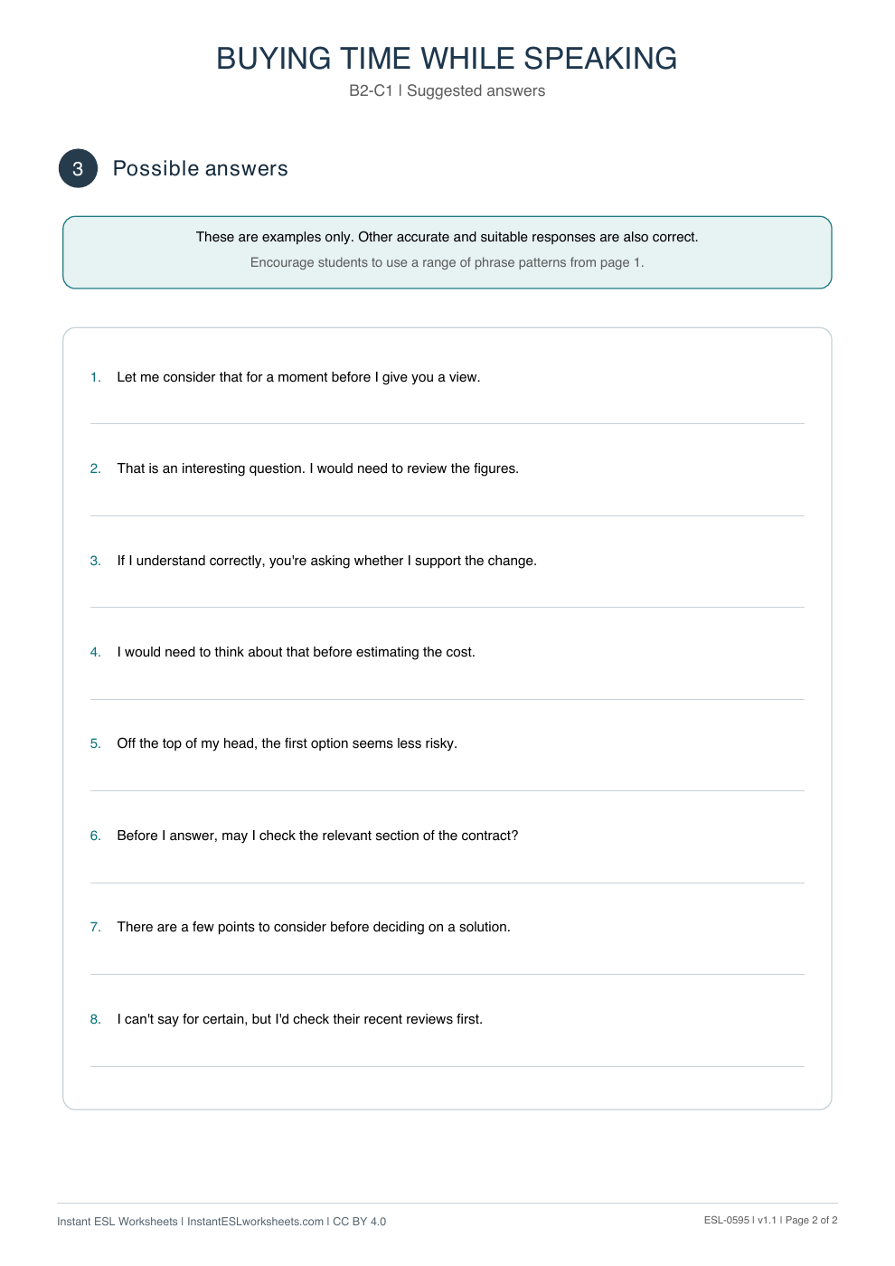 Page 2 of Buying Time While Speaking - Functional Language - answer key