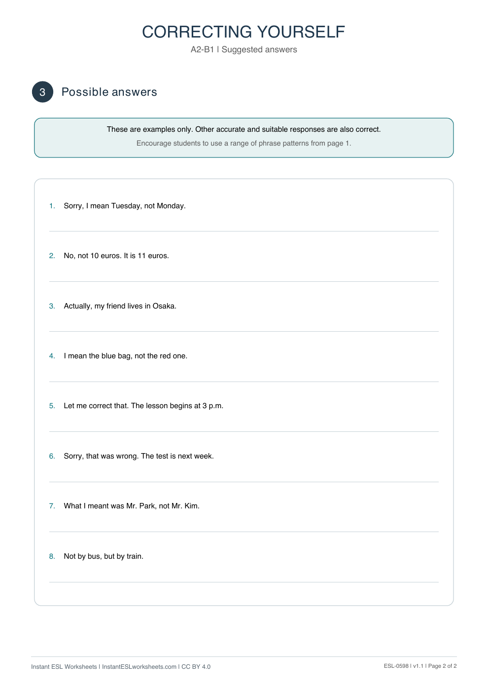 Page 2 of Correcting Yourself - Functional Language - answer key