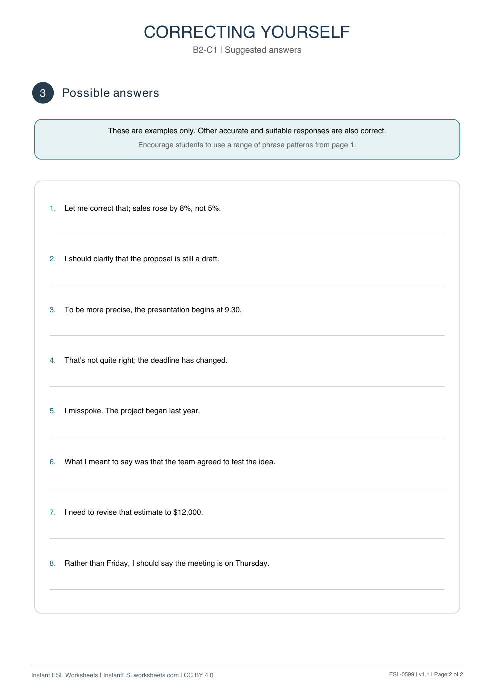 Page 2 of Correcting Yourself - Functional Language - answer key