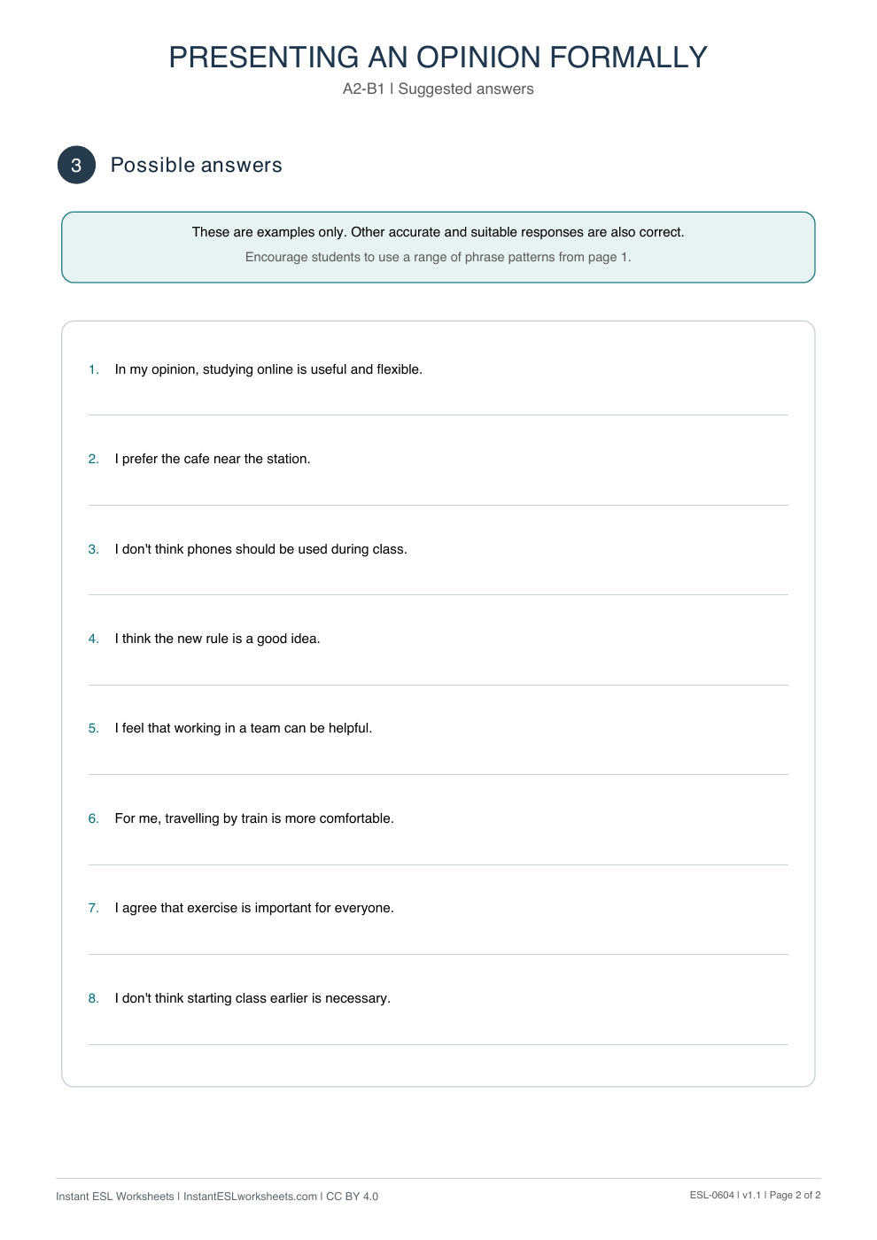Page 2 of Presenting an Opinion Formally - Functional Language - answer key