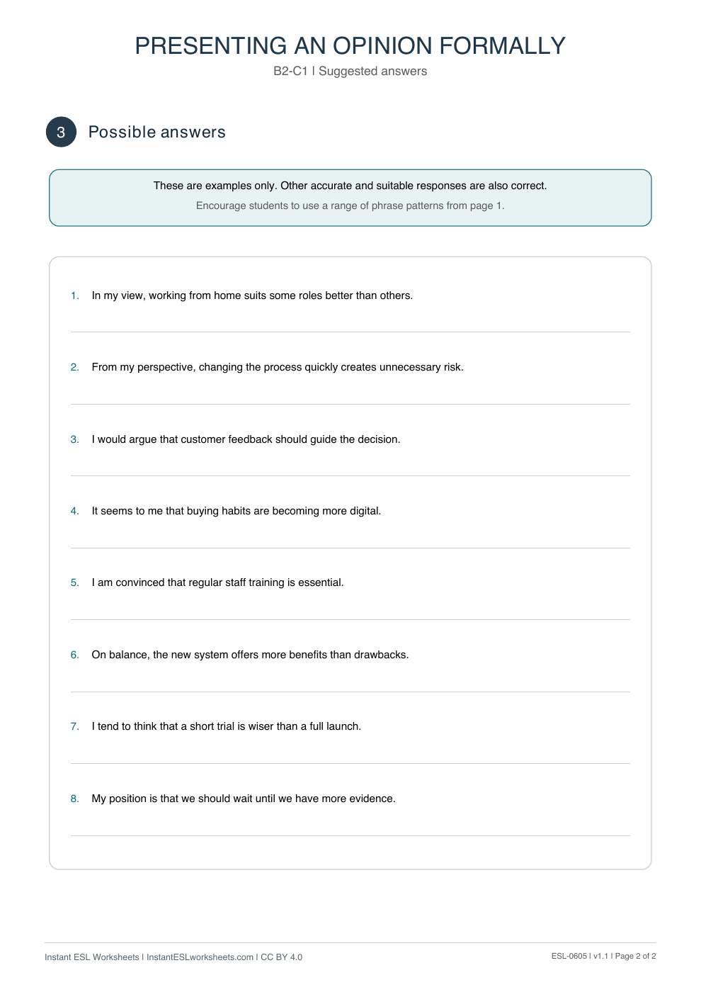 Page 2 of Presenting an Opinion Formally - Functional Language - answer key