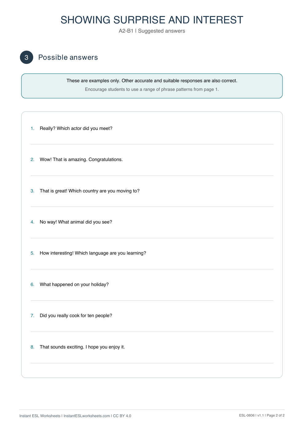 Page 2 of Showing Surprise and Interest - Functional Language - answer key