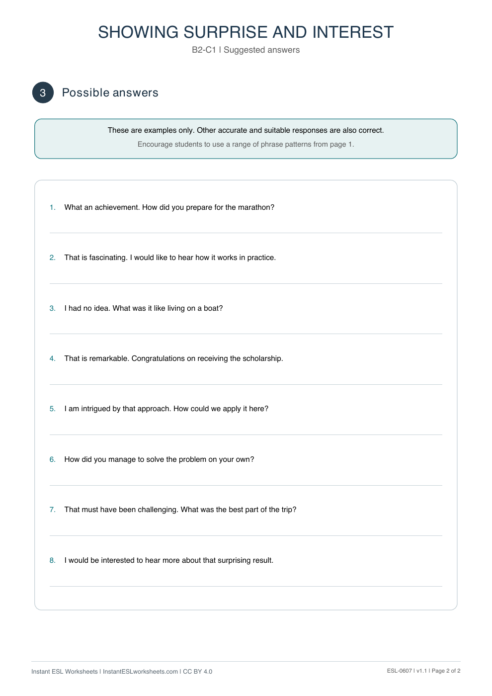 Page 2 of Showing Surprise and Interest - Functional Language - answer key