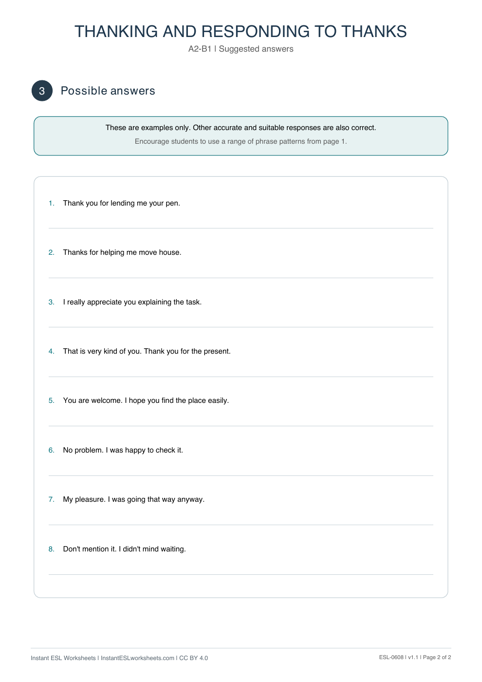 Page 2 of Thanking and Responding to Thanks - Functional Language - answer key