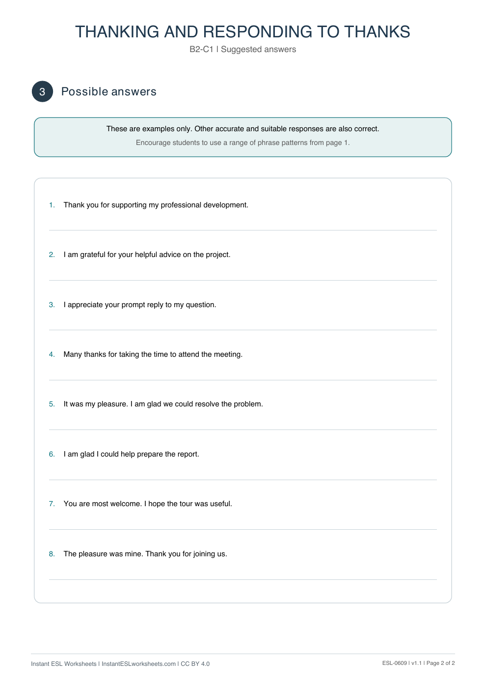 Page 2 of Thanking and Responding to Thanks - Functional Language - answer key