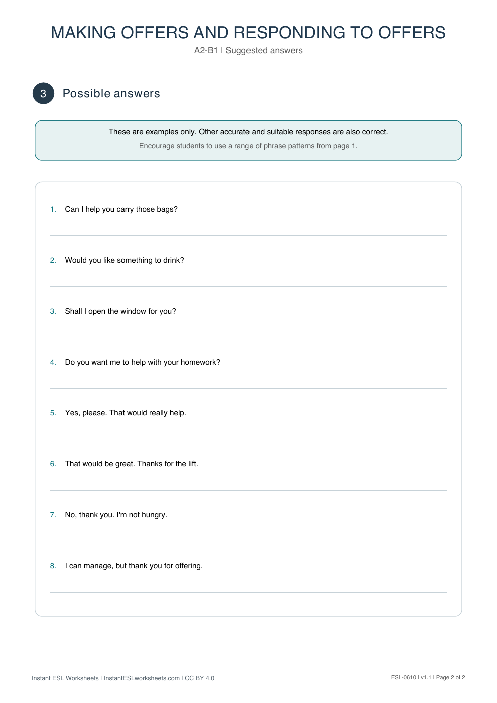 Page 2 of Making Offers and Responding to Offers - Functional Language - answer key