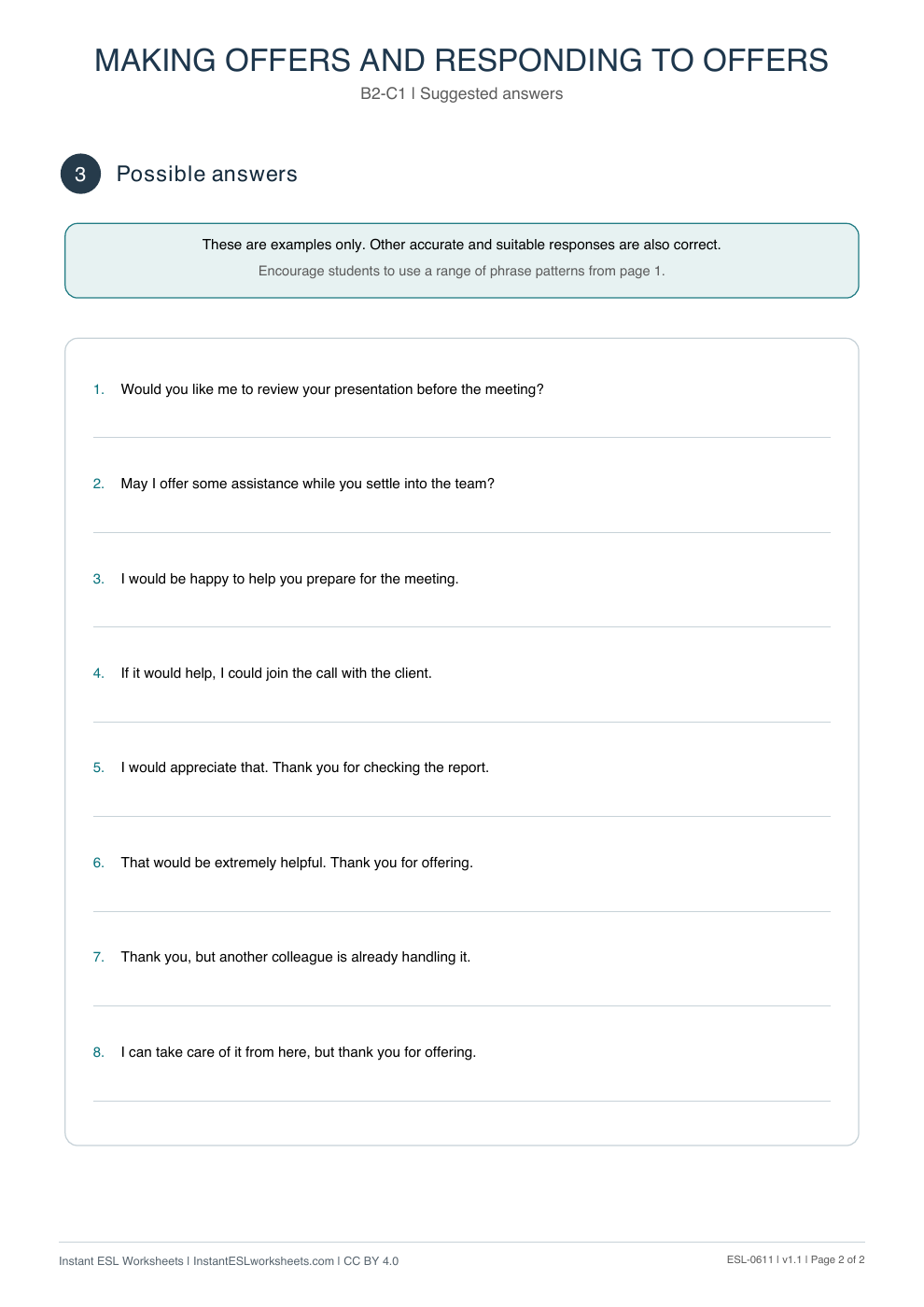Page 2 of Making Offers and Responding to Offers - Functional Language - answer key