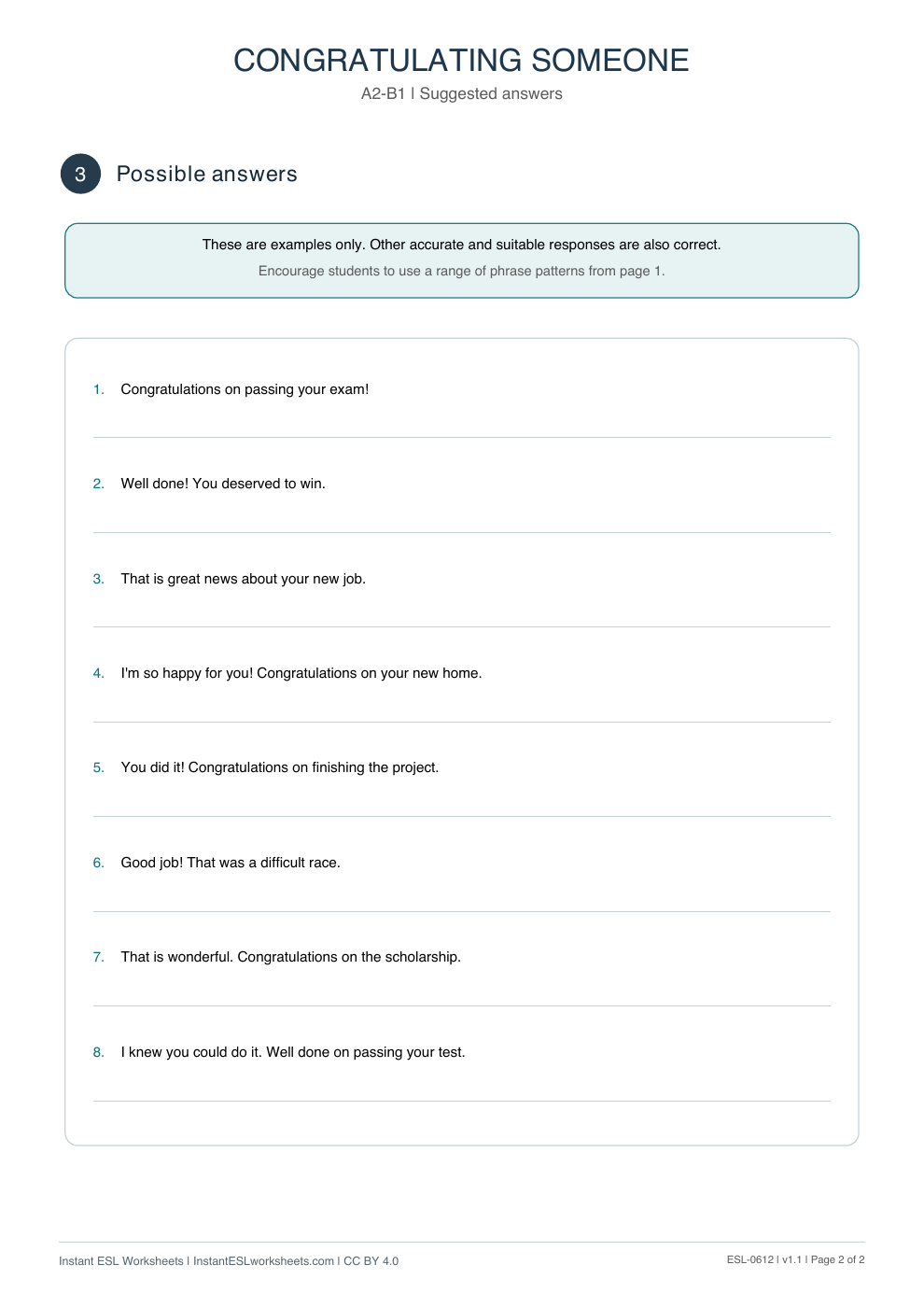 Page 2 of Congratulating Someone - Functional Language - answer key
