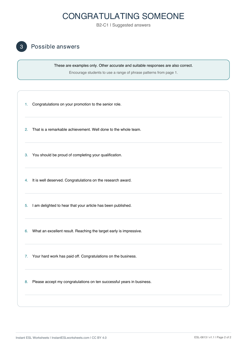 Page 2 of Congratulating Someone - Functional Language - answer key