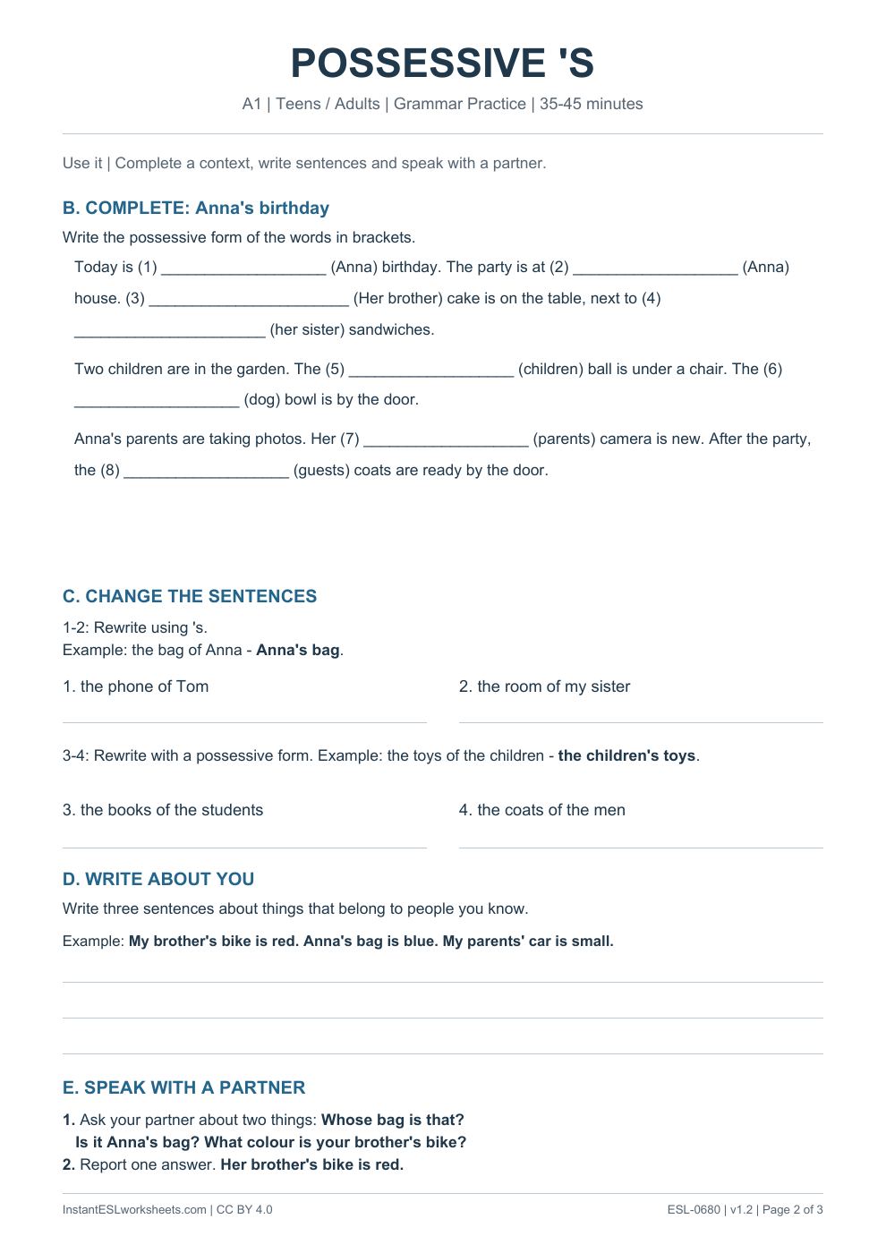 Page 2 of Possessive 's - Grammar Practice