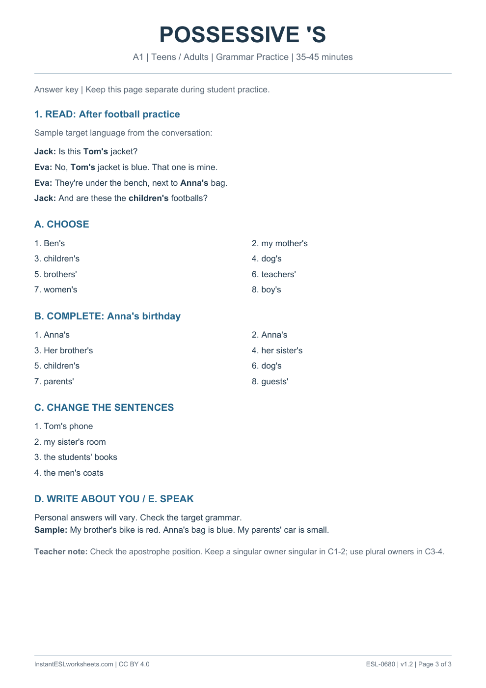 Page 3 of Possessive 's - Grammar Practice - answer key