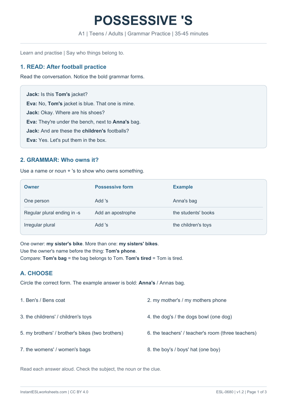 Page 1 of Possessive 's - Grammar Practice