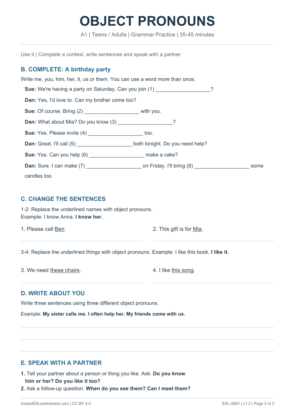 Page 2 of Object Pronouns - Grammar Practice