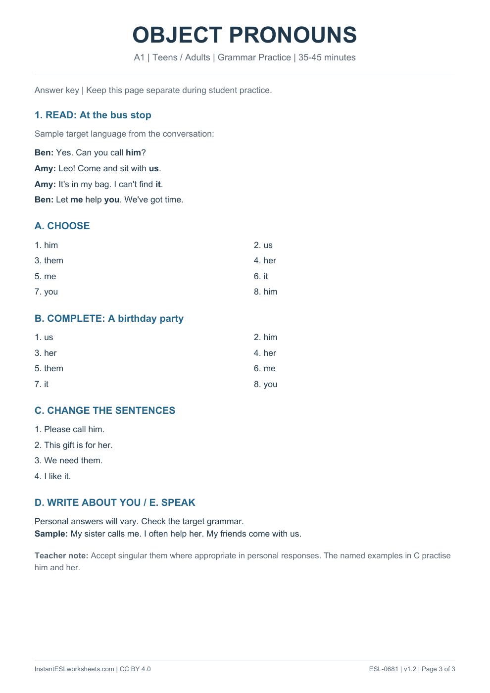 Page 3 of Object Pronouns - Grammar Practice - answer key