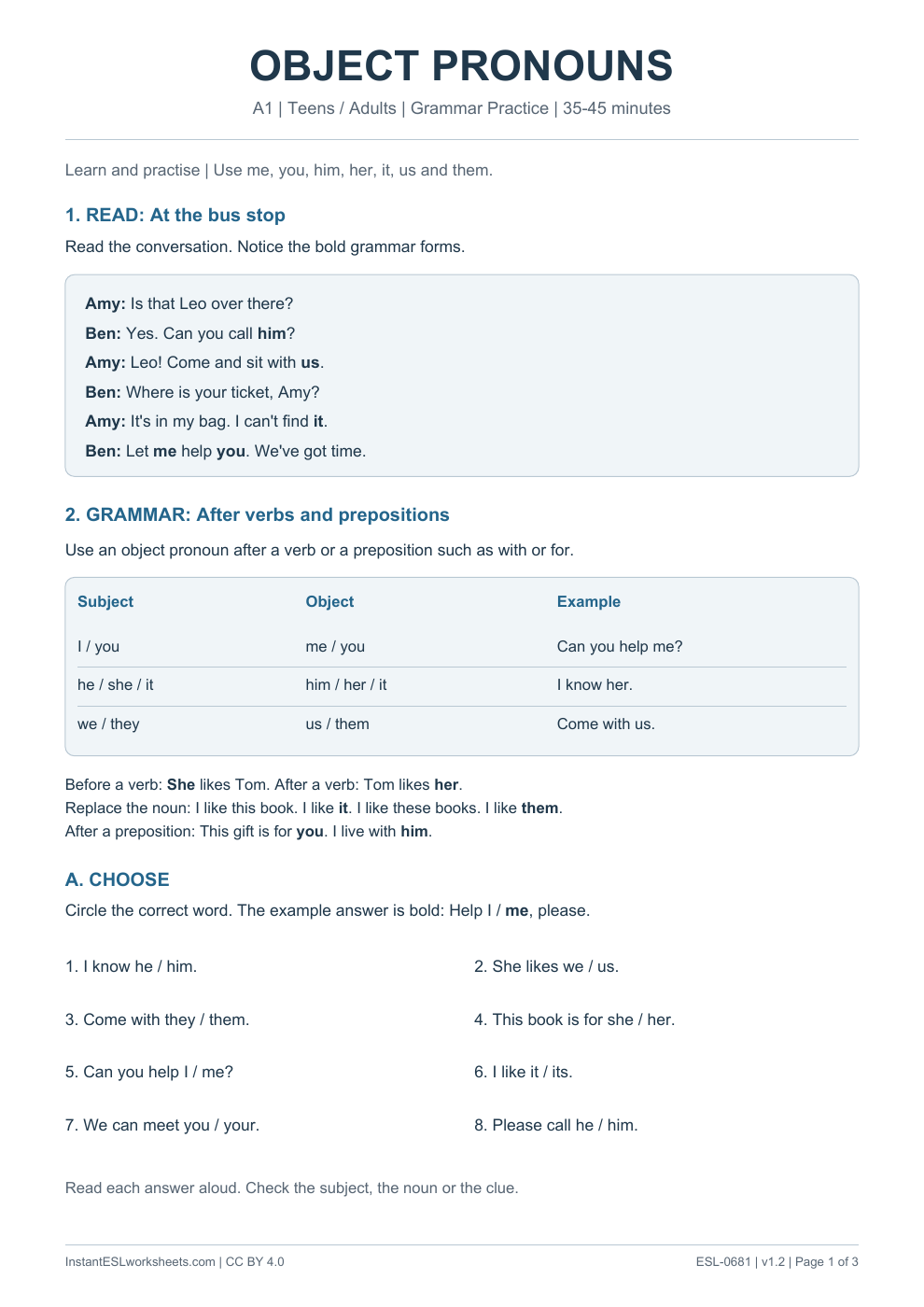 Page 1 of Object Pronouns - Grammar Practice