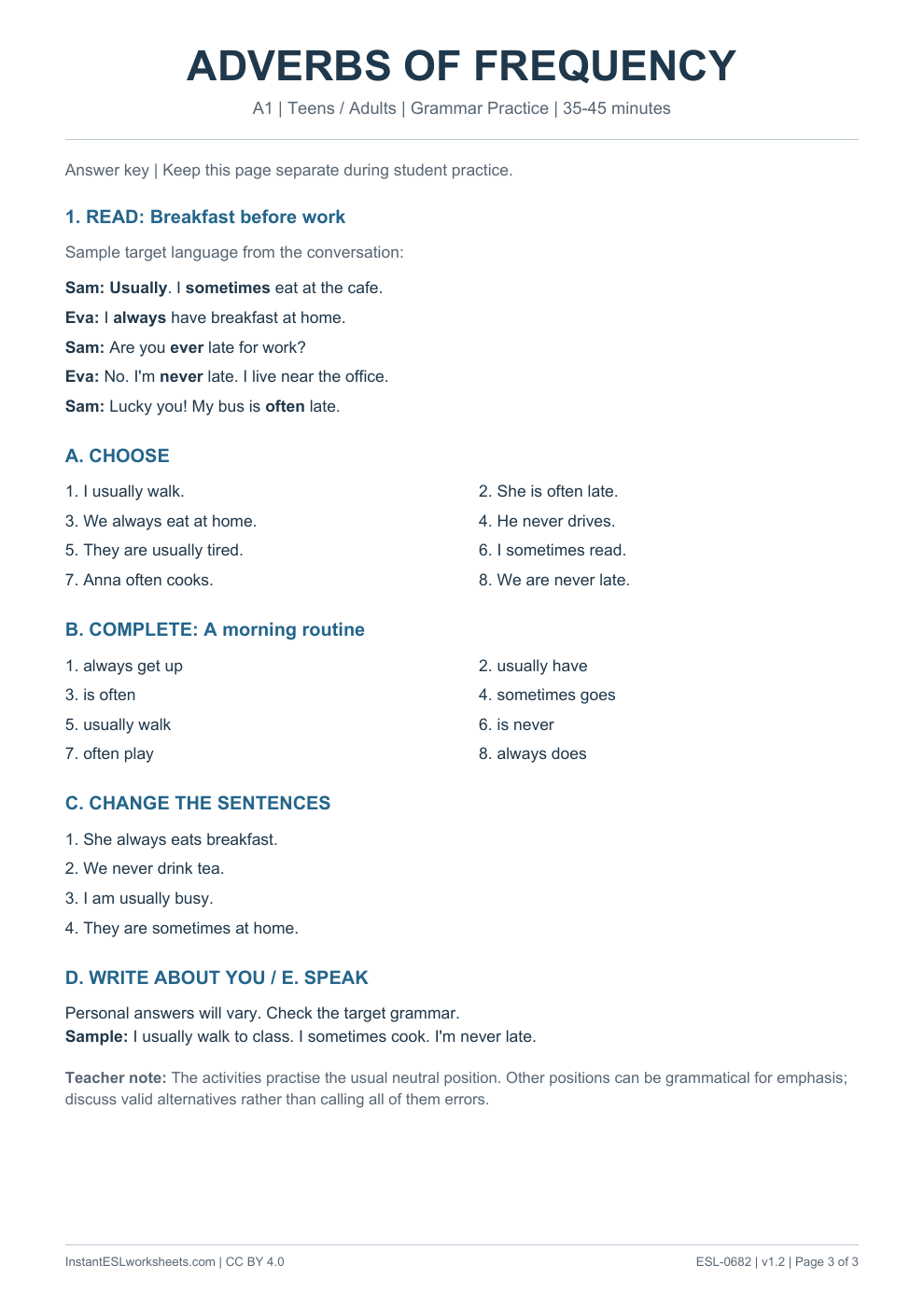 Page 3 of Adverbs of Frequency - Grammar Practice - answer key