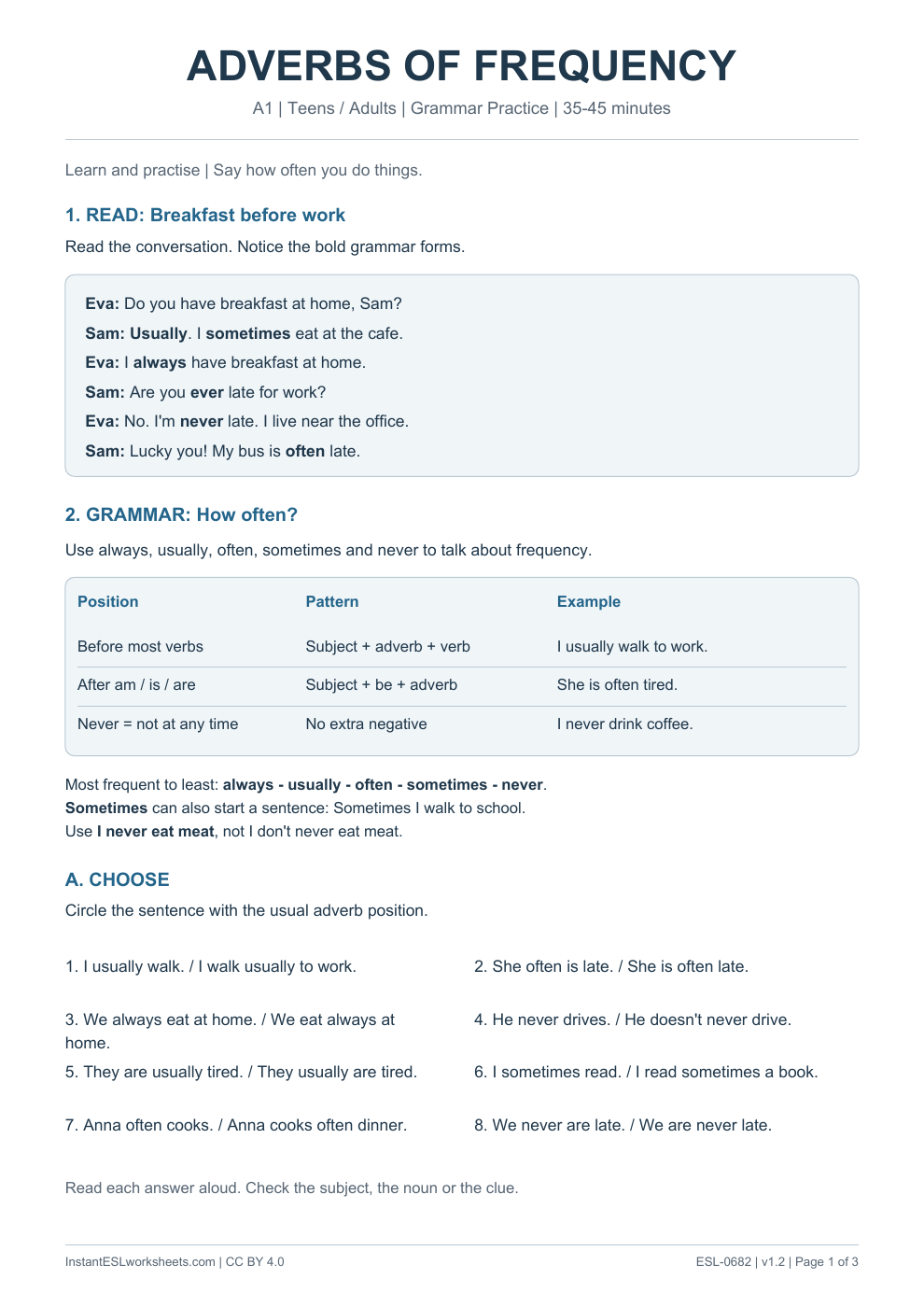 Page 1 of Adverbs of Frequency - Grammar Practice