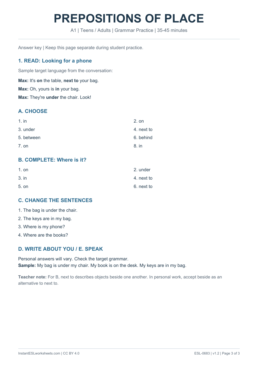 Page 3 of Prepositions of Place - Grammar Practice - answer key