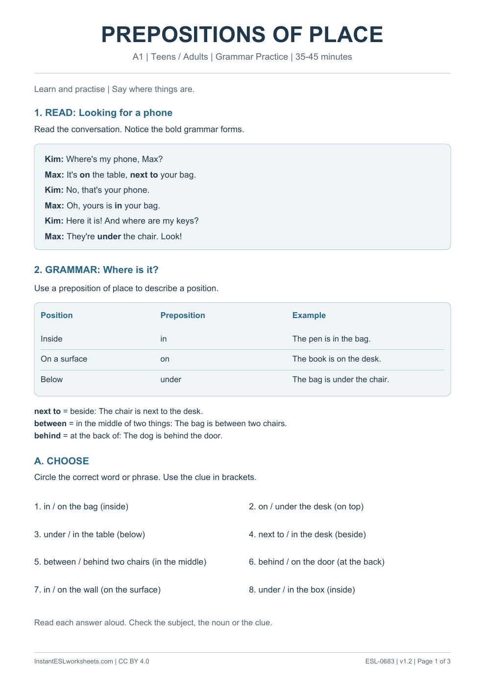 Page 1 of Prepositions of Place - Grammar Practice