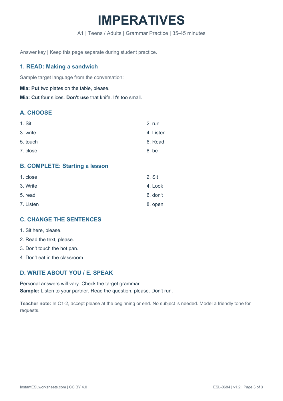 Page 3 of Imperatives - Grammar Practice - answer key