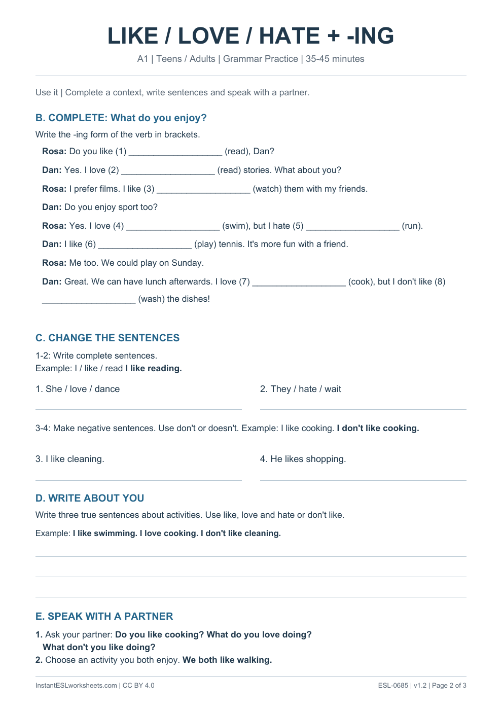Page 2 of Like, Love and Hate + -ing - Grammar Practice
