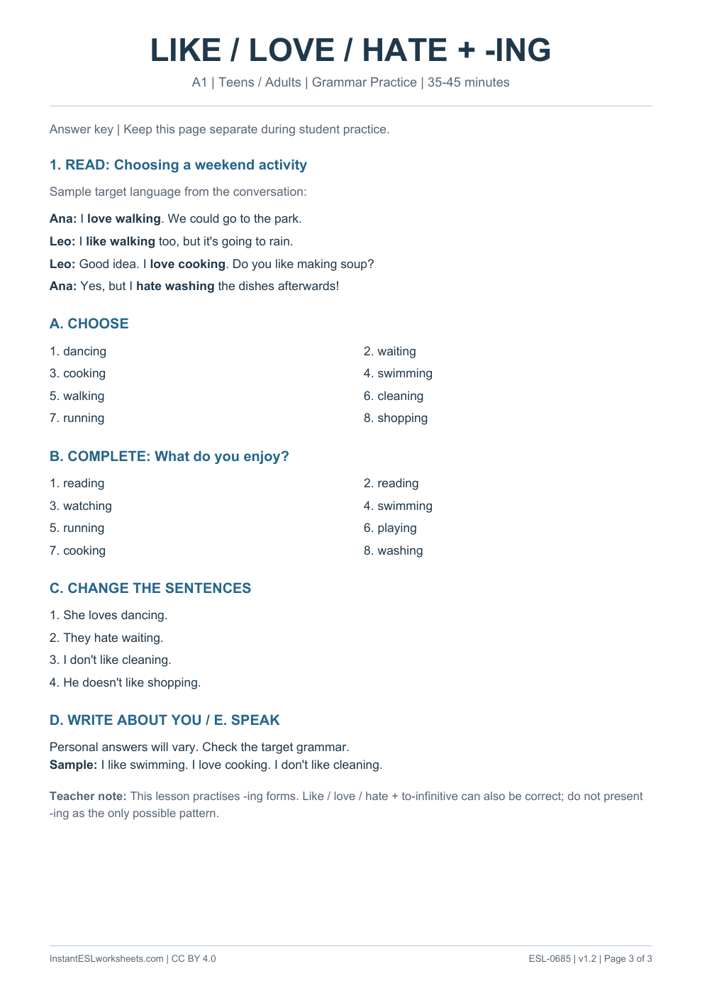 Page 3 of Like, Love and Hate + -ing - Grammar Practice - answer key