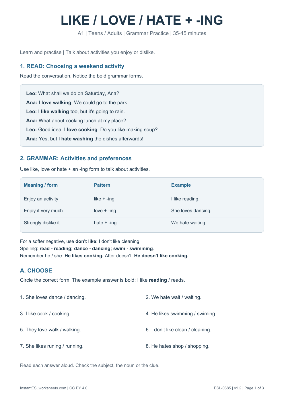 Page 1 of Like, Love and Hate + -ing - Grammar Practice