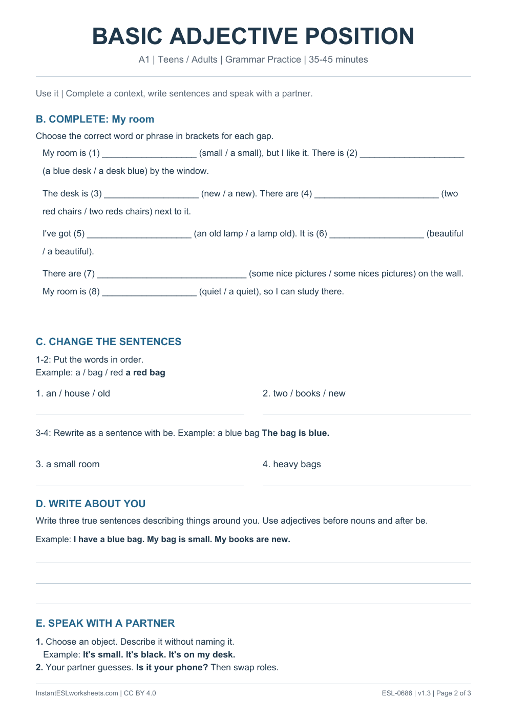 Page 2 of Basic Adjective Position - Grammar Practice
