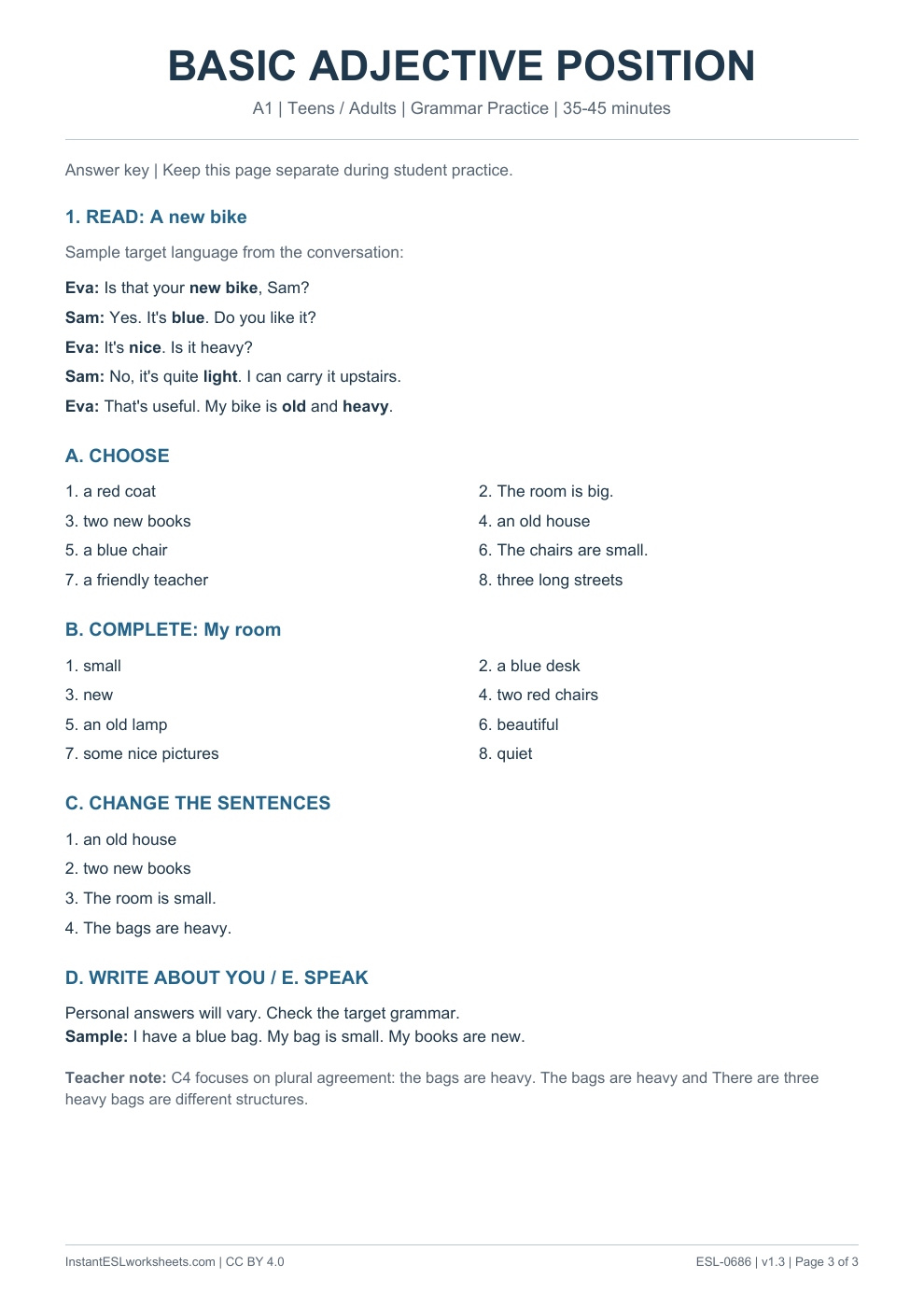 Page 3 of Basic Adjective Position - Grammar Practice - answer key