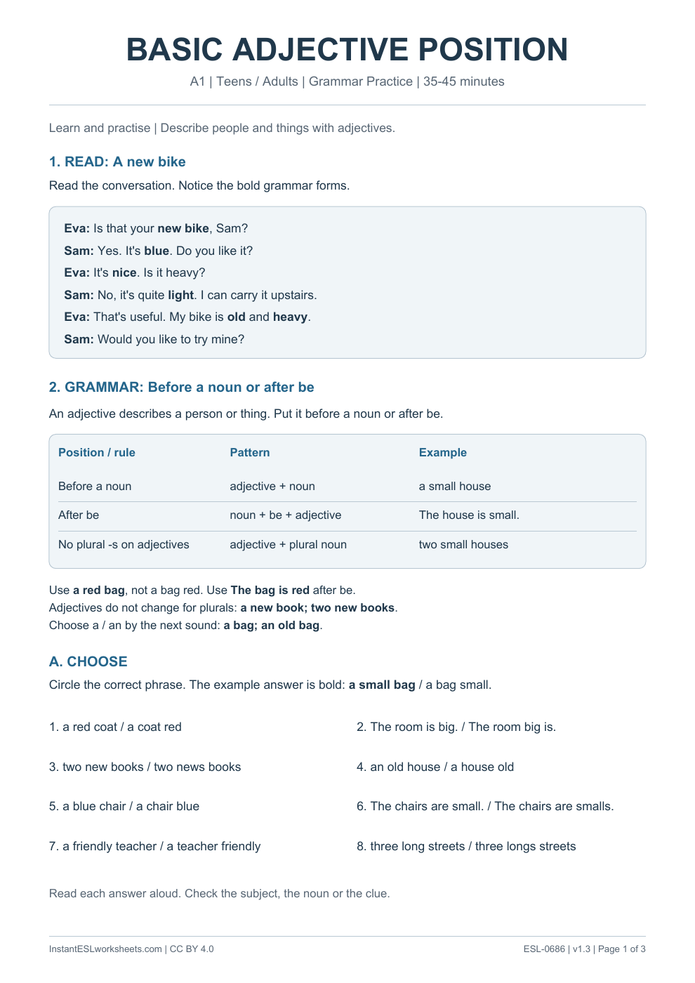 Page 1 of Basic Adjective Position - Grammar Practice