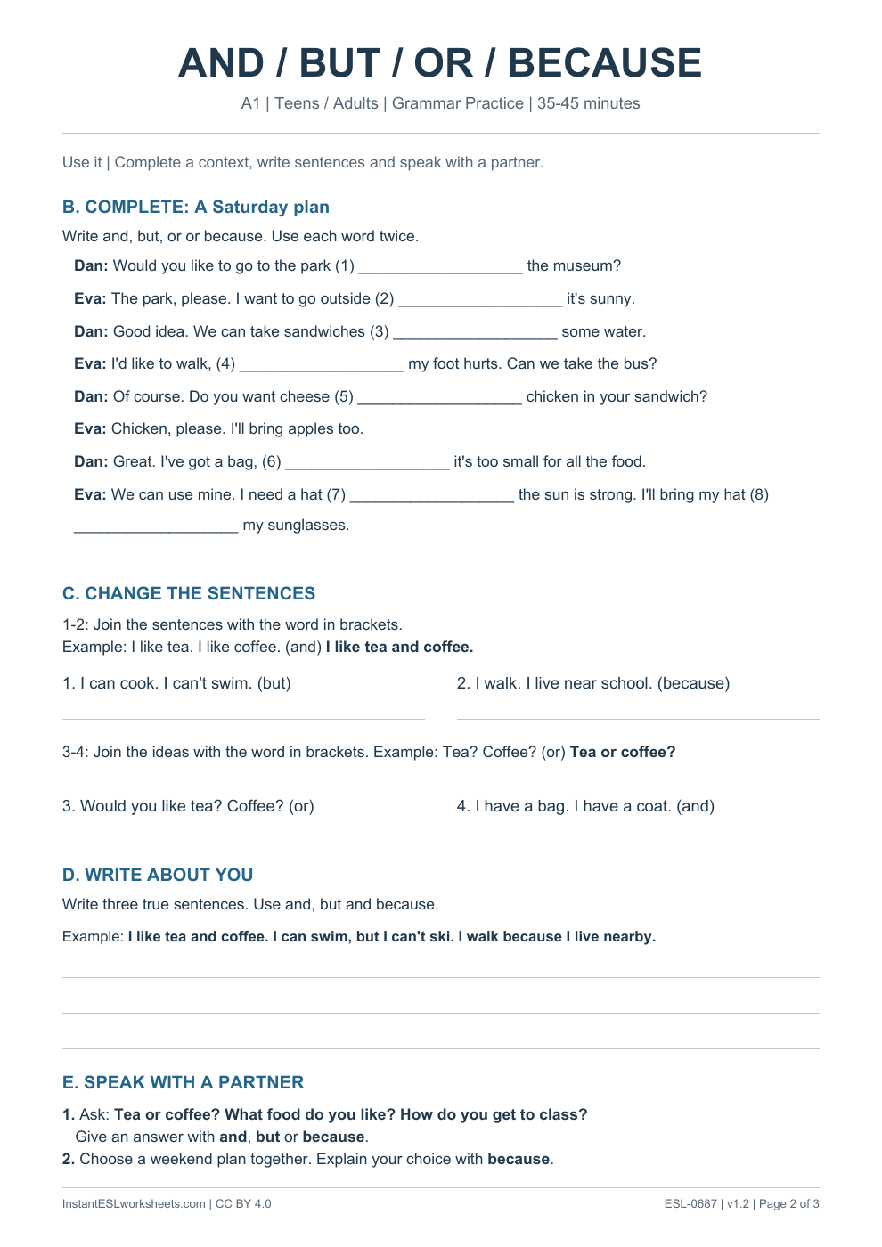 Page 2 of And But Or Because - Grammar Practice