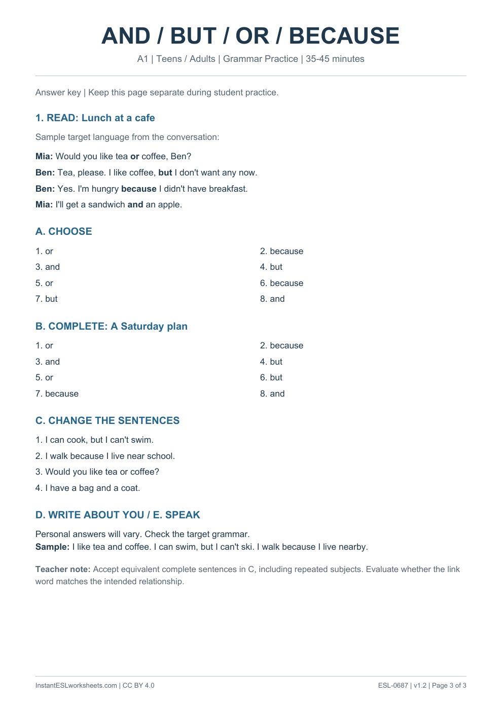 Page 3 of And But Or Because - Grammar Practice - answer key
