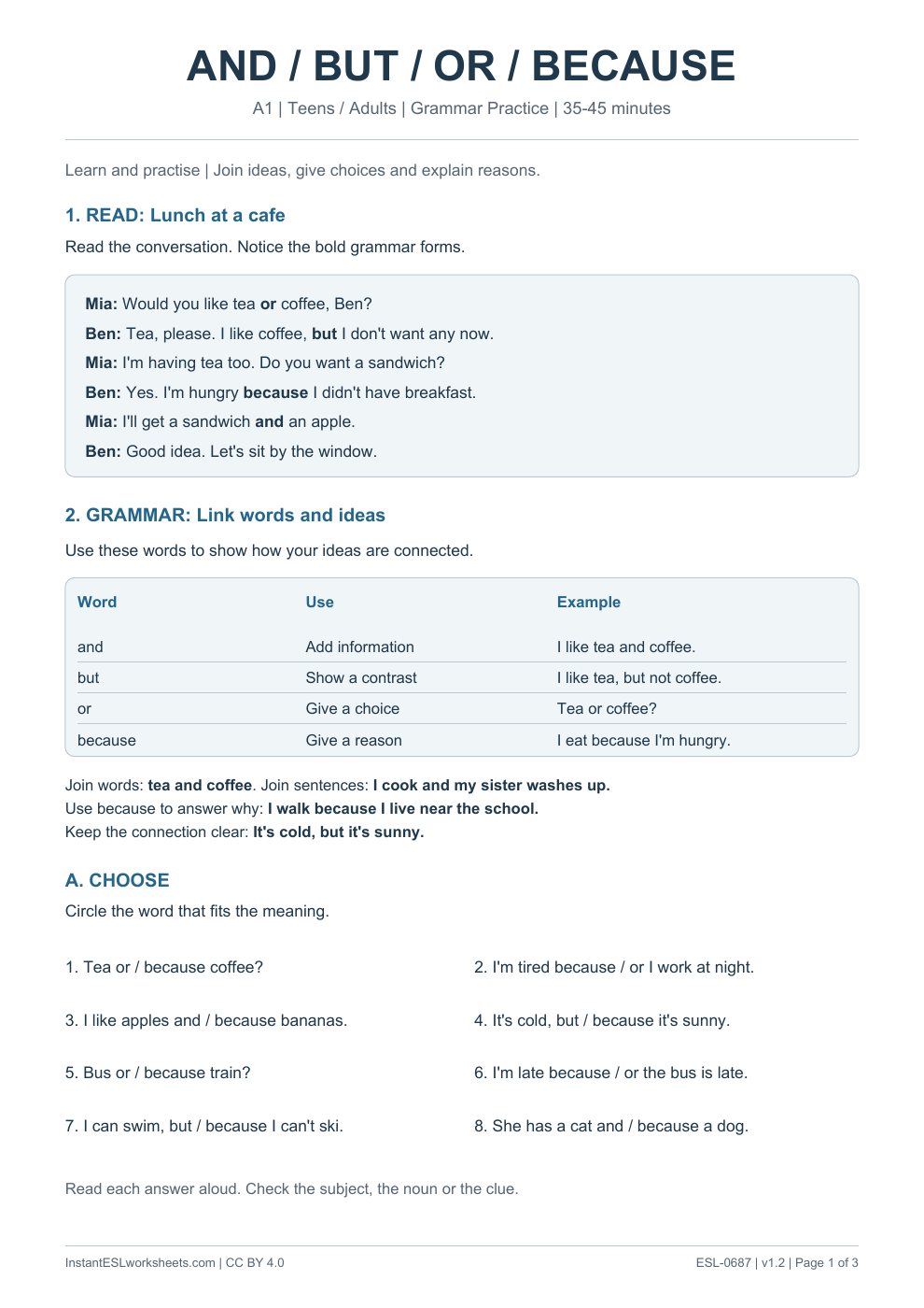 Page 1 of And But Or Because - Grammar Practice