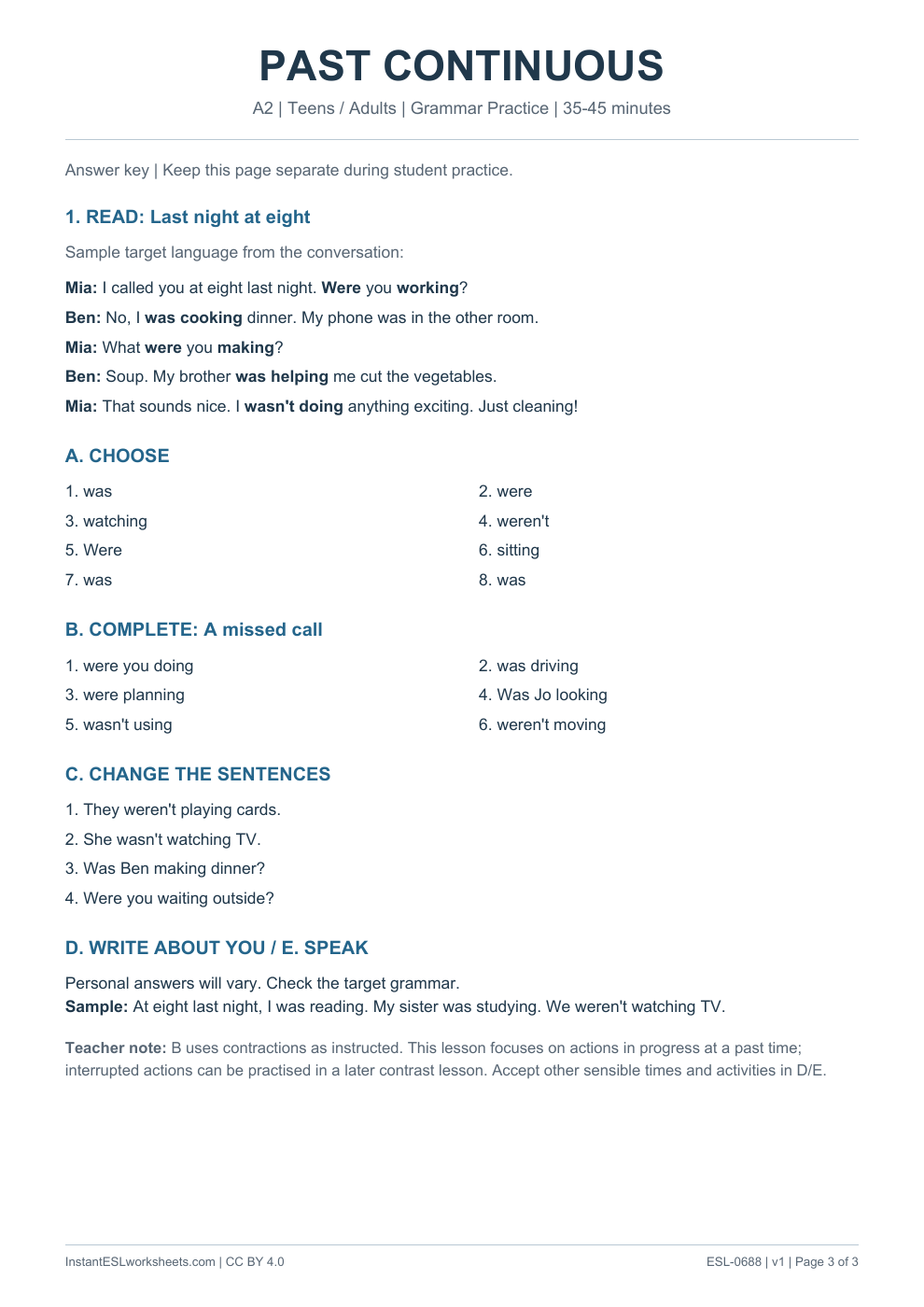 Page 3 of Past Continuous - Grammar Practice - answer key