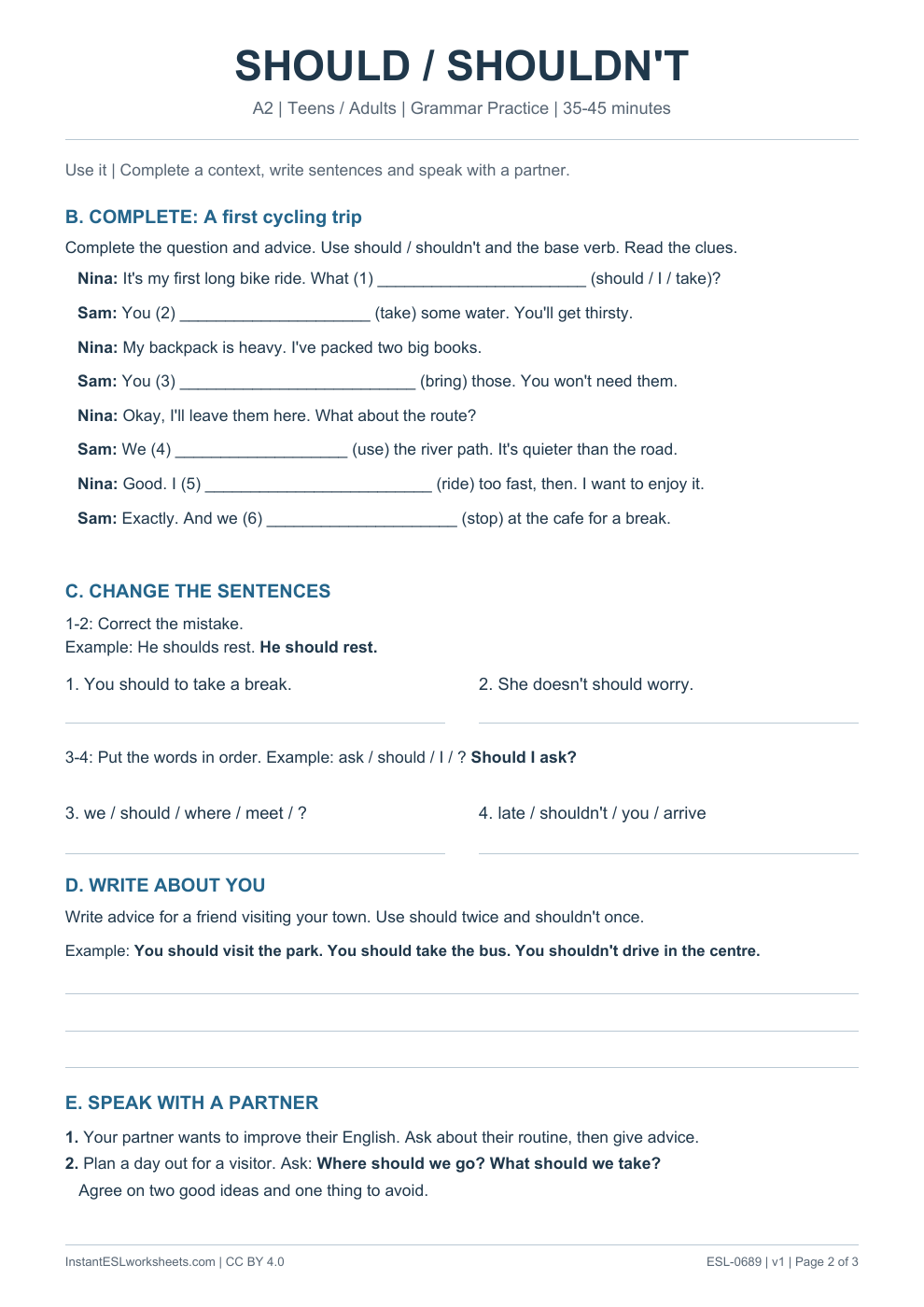 Page 2 of Should / Shouldn't - Grammar Practice