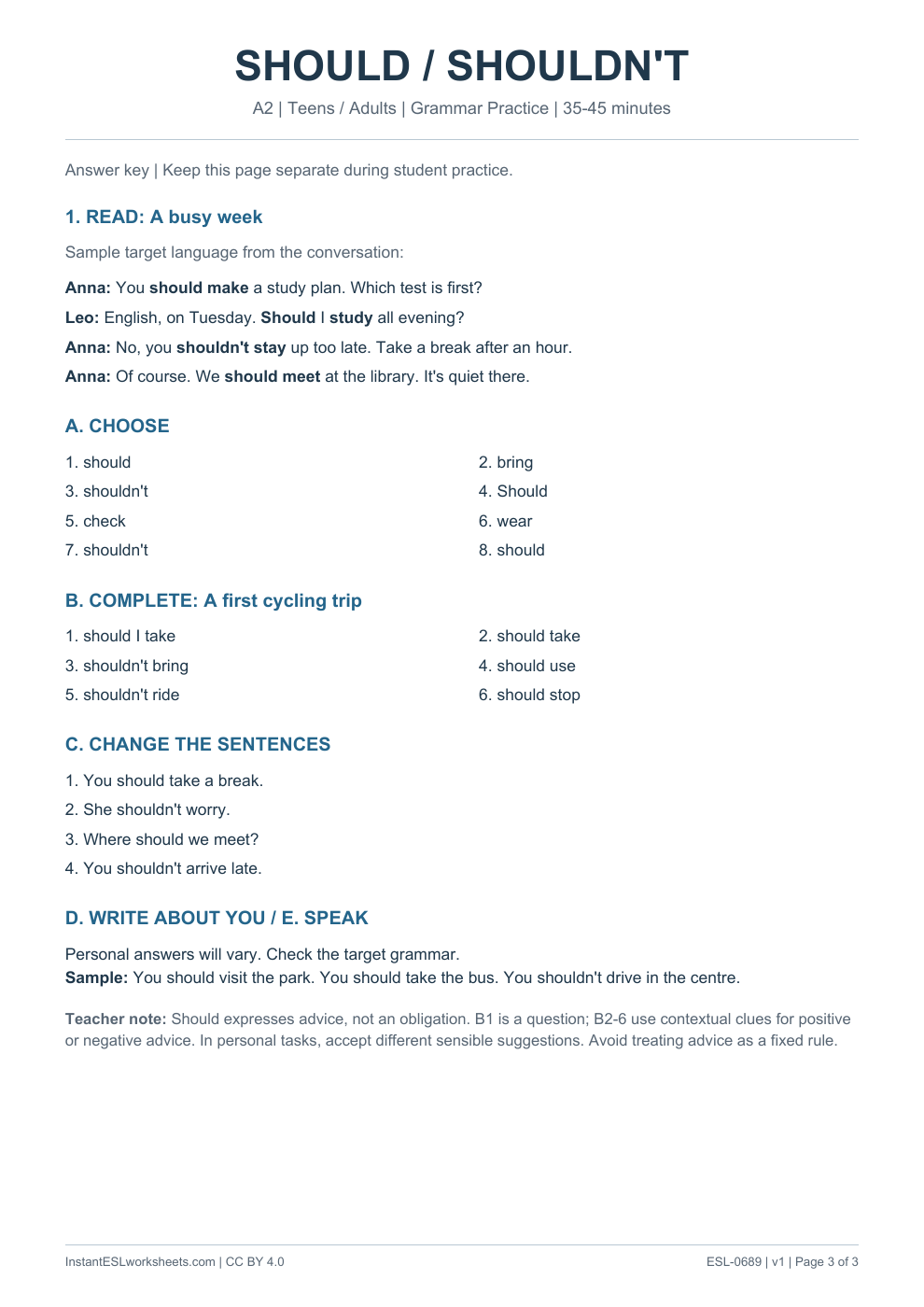 Page 3 of Should / Shouldn't - Grammar Practice - answer key