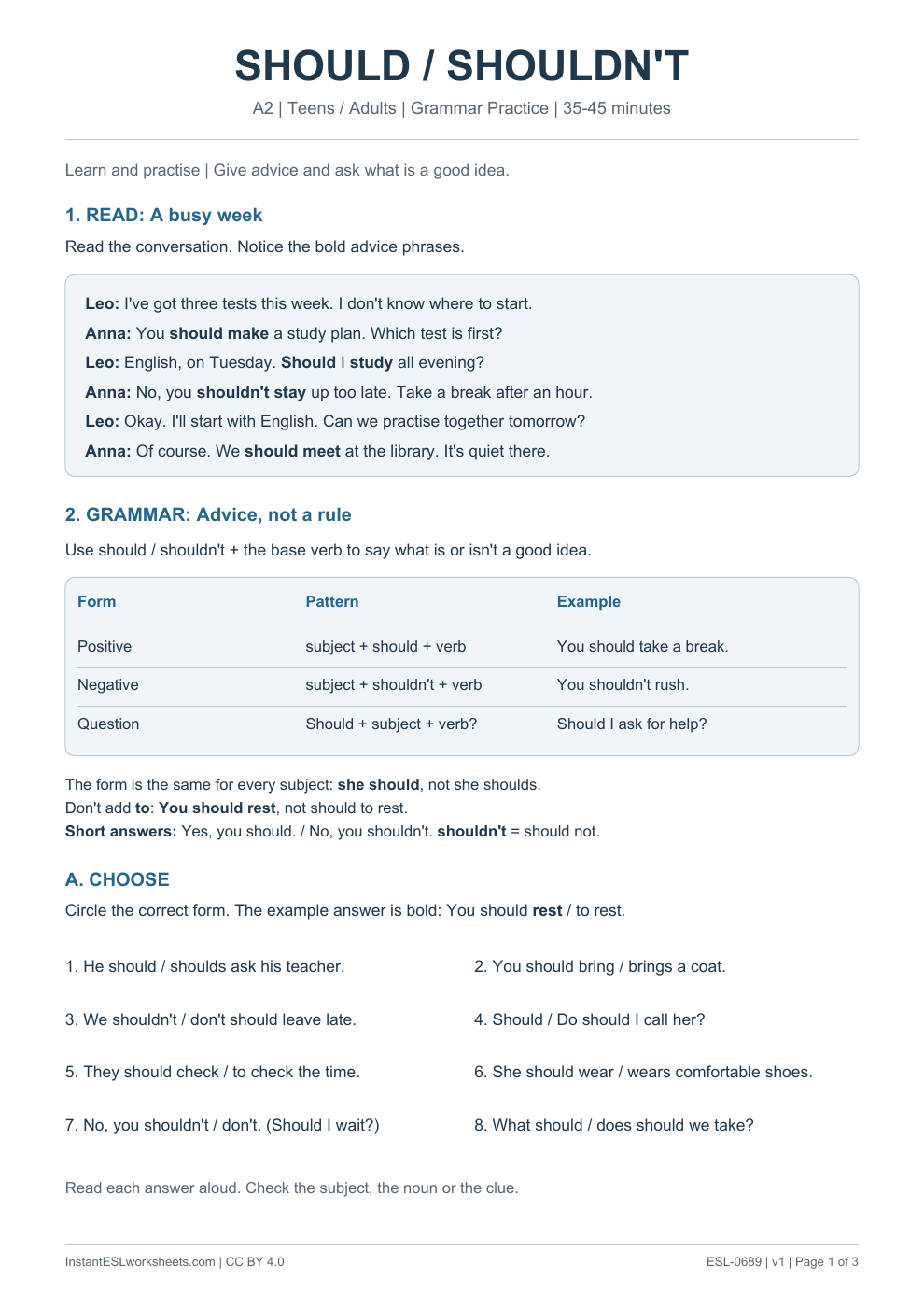 Page 1 of Should / Shouldn't - Grammar Practice