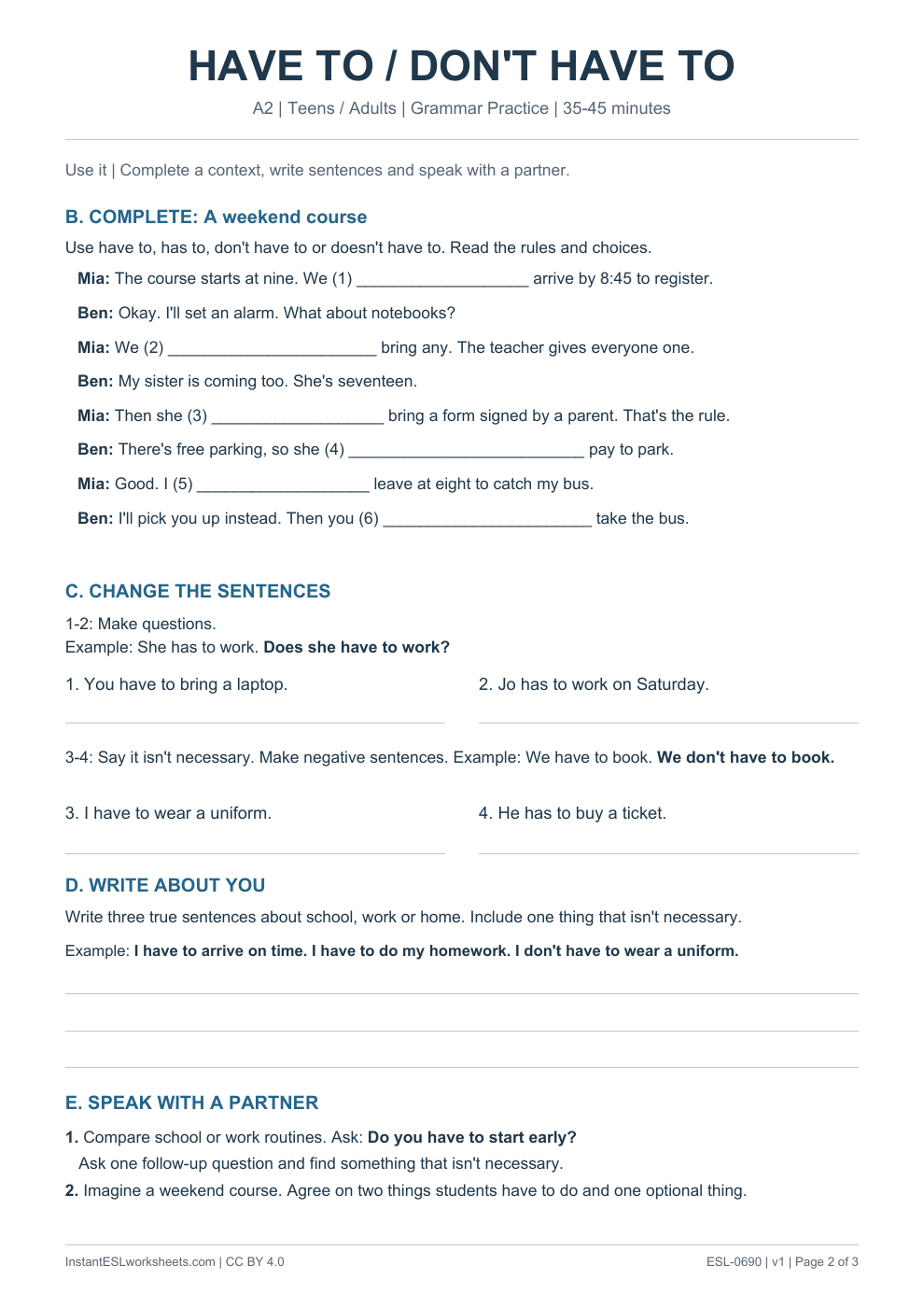 Page 2 of Have To / Don't Have To - Grammar Practice