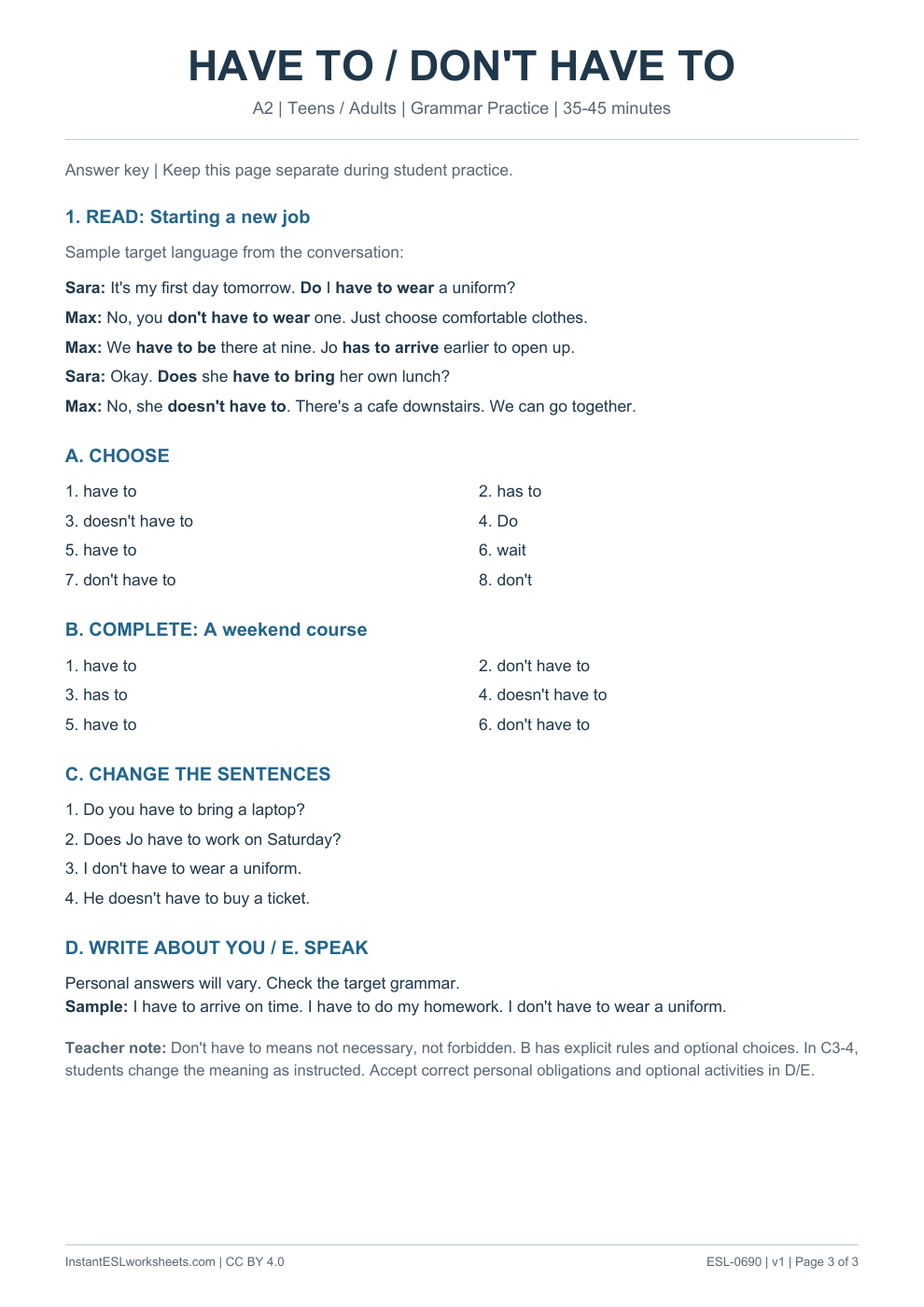 Page 3 of Have To / Don't Have To - Grammar Practice - answer key