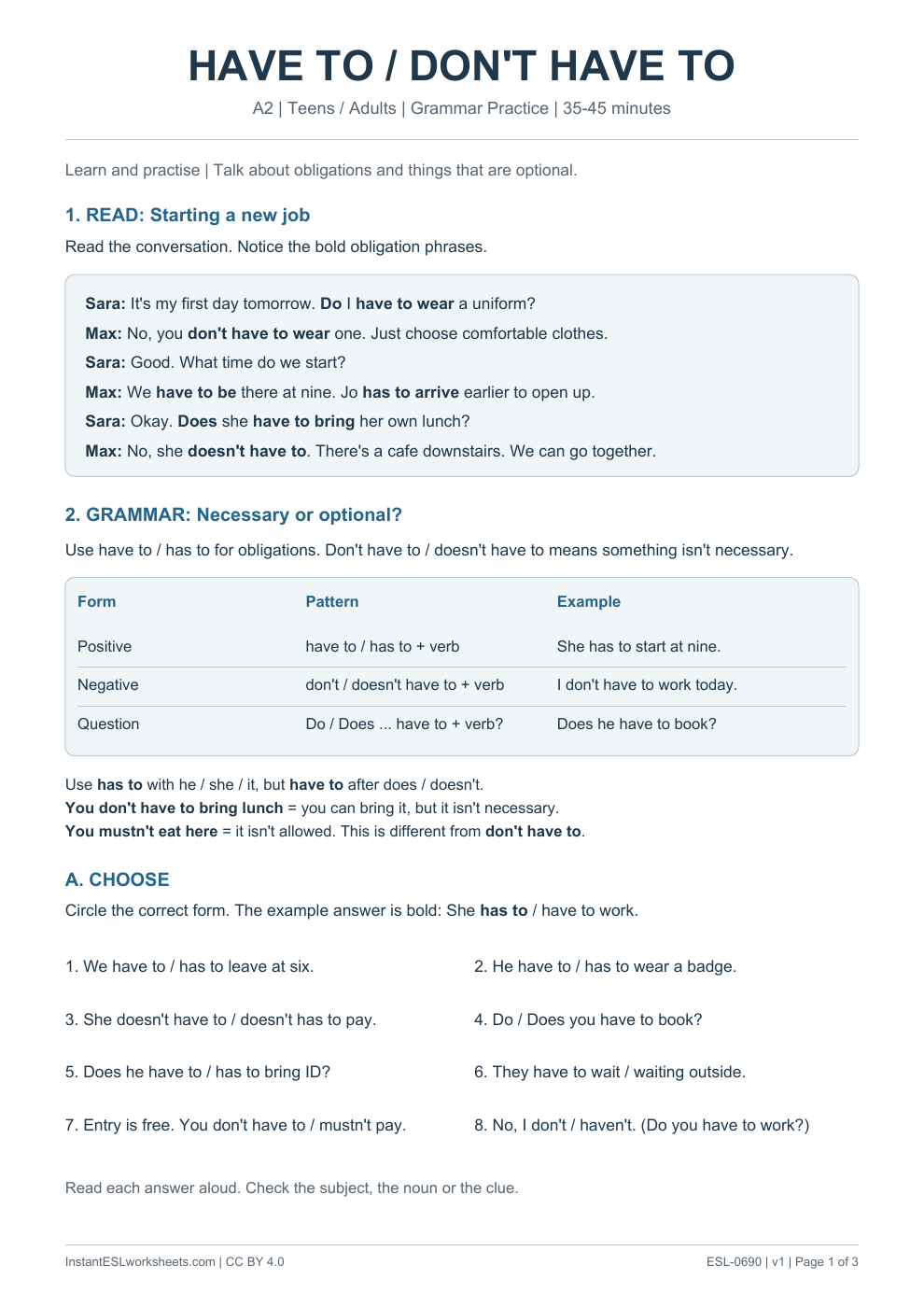 Page 1 of Have To / Don't Have To - Grammar Practice