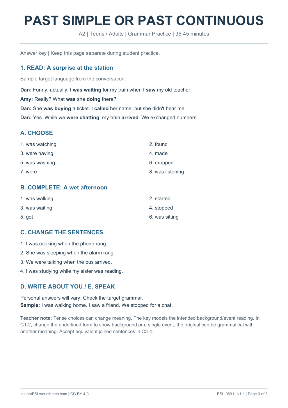 Page 3 of Past Simple or Past Continuous - Grammar Practice - answer key