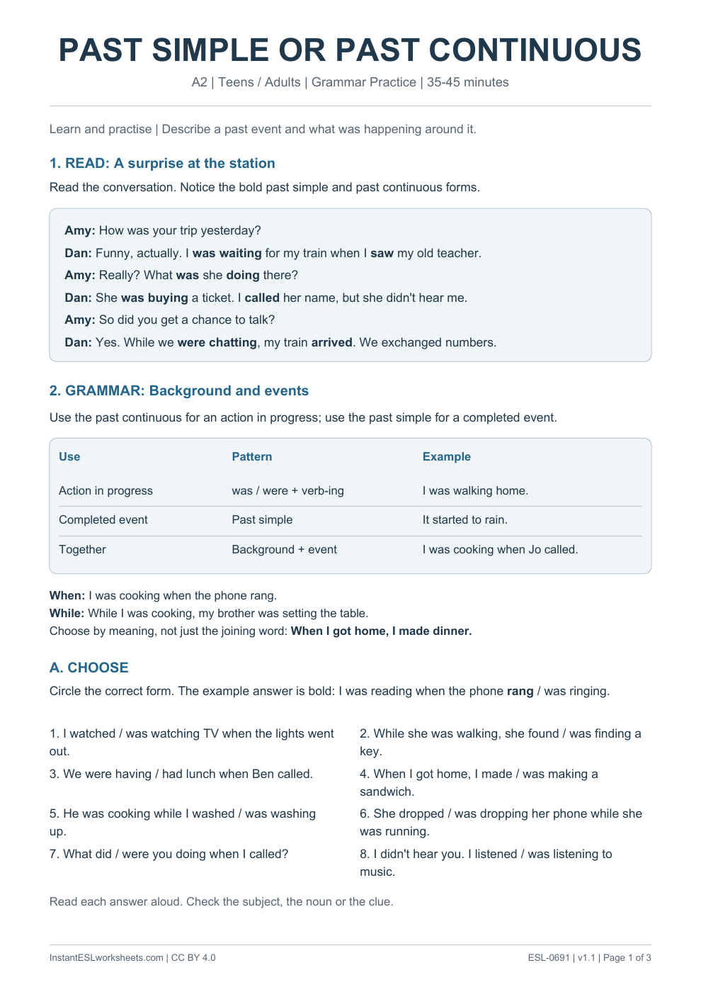 Page 1 of Past Simple or Past Continuous - Grammar Practice