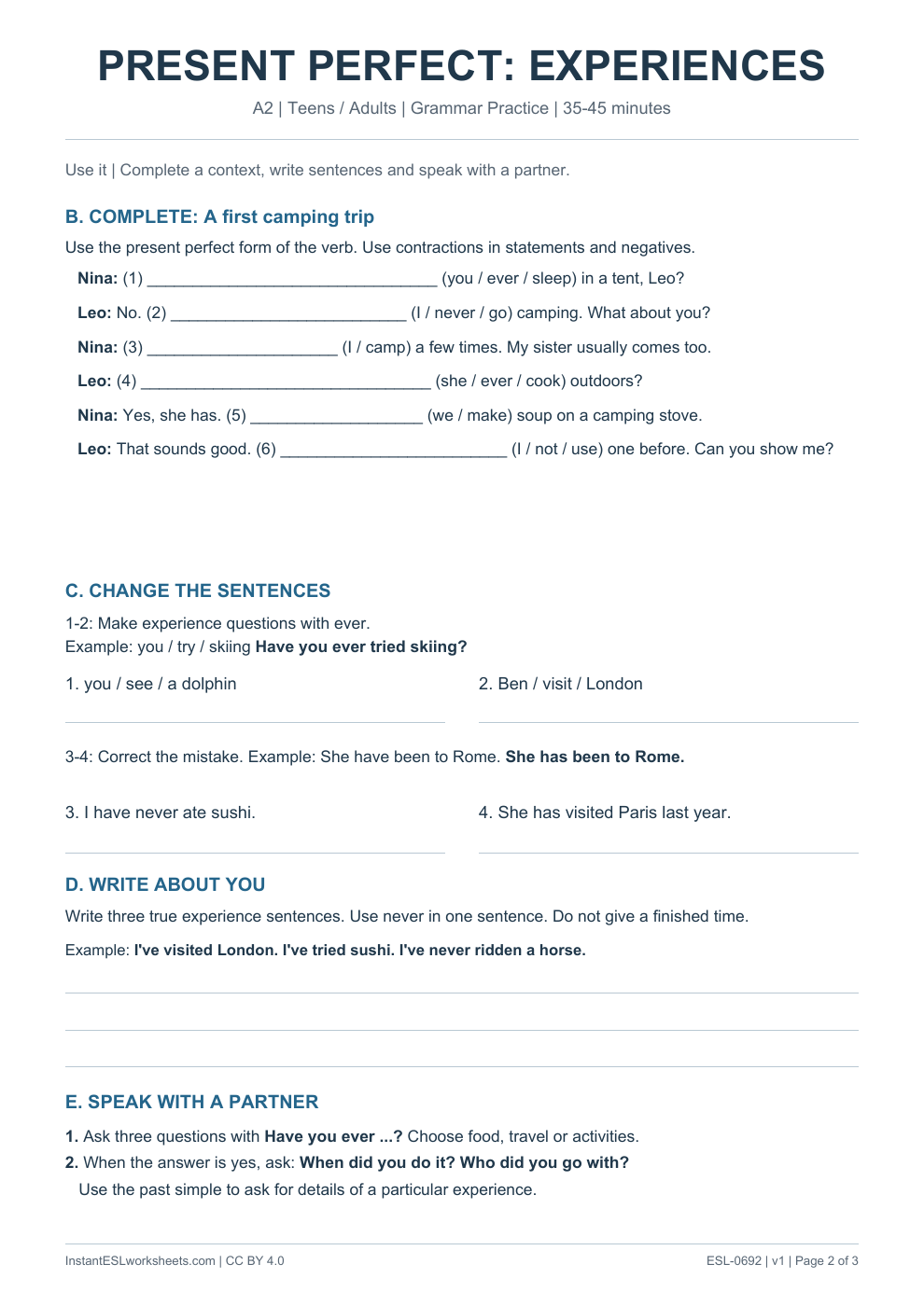 Page 2 of Present Perfect Experiences - Grammar Practice