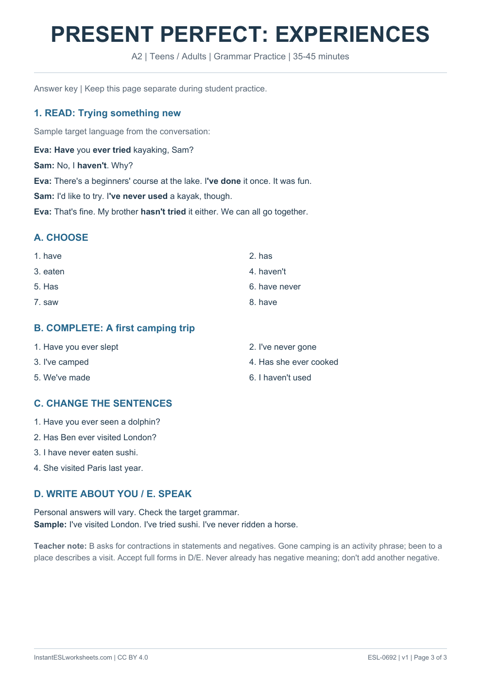 Page 3 of Present Perfect Experiences - Grammar Practice - answer key