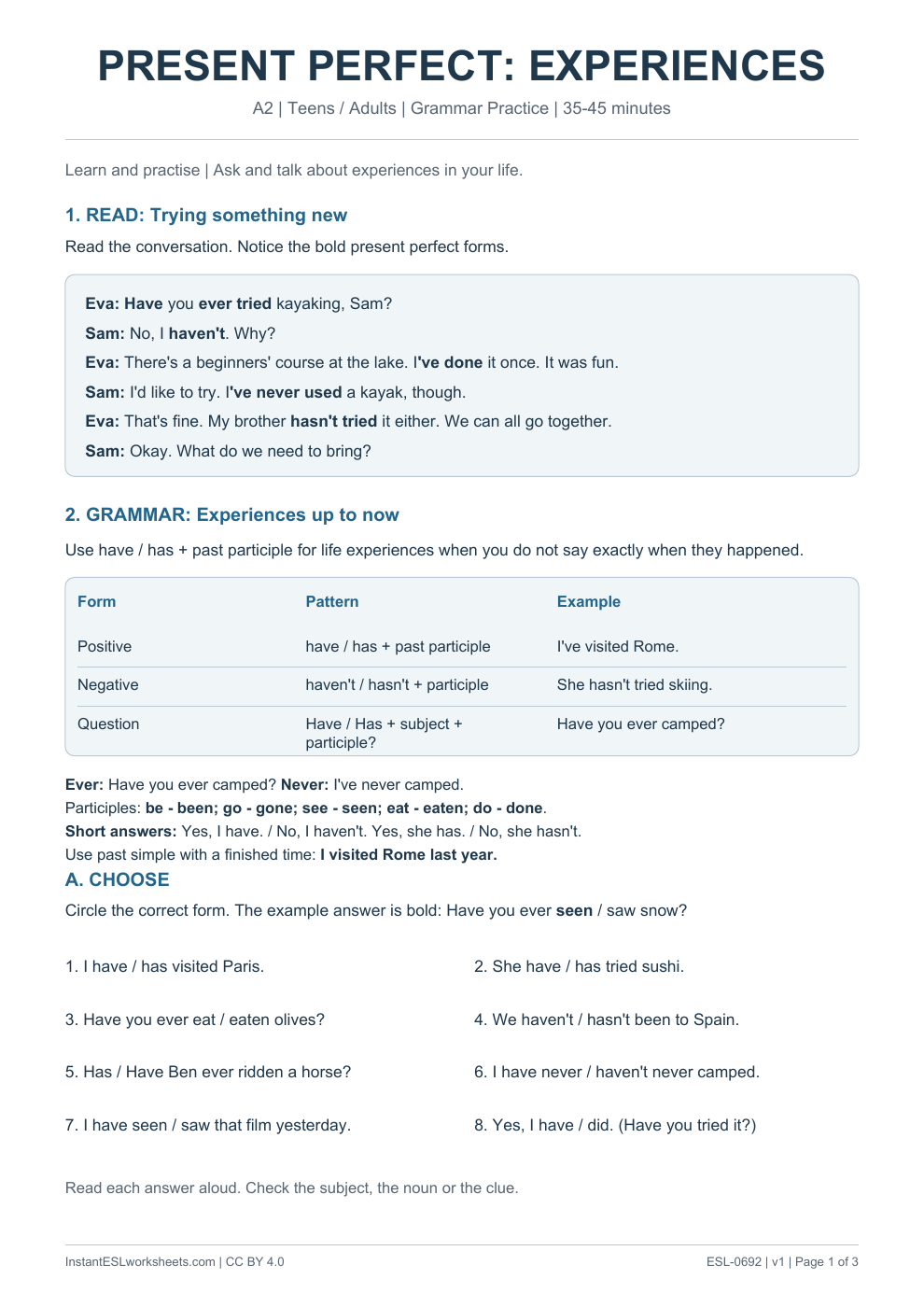 Page 1 of Present Perfect Experiences - Grammar Practice