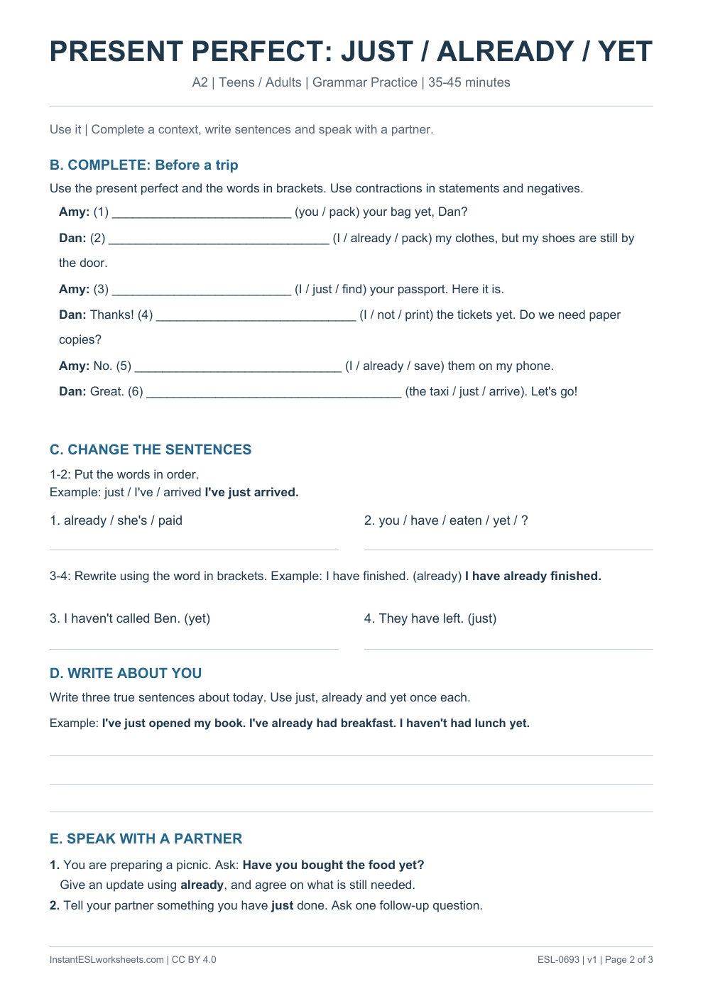 Page 2 of Present Perfect Just Already Yet - Grammar Practice