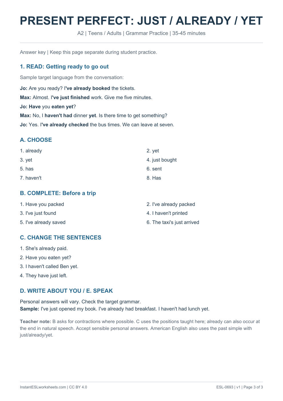 Page 3 of Present Perfect Just Already Yet - Grammar Practice - answer key