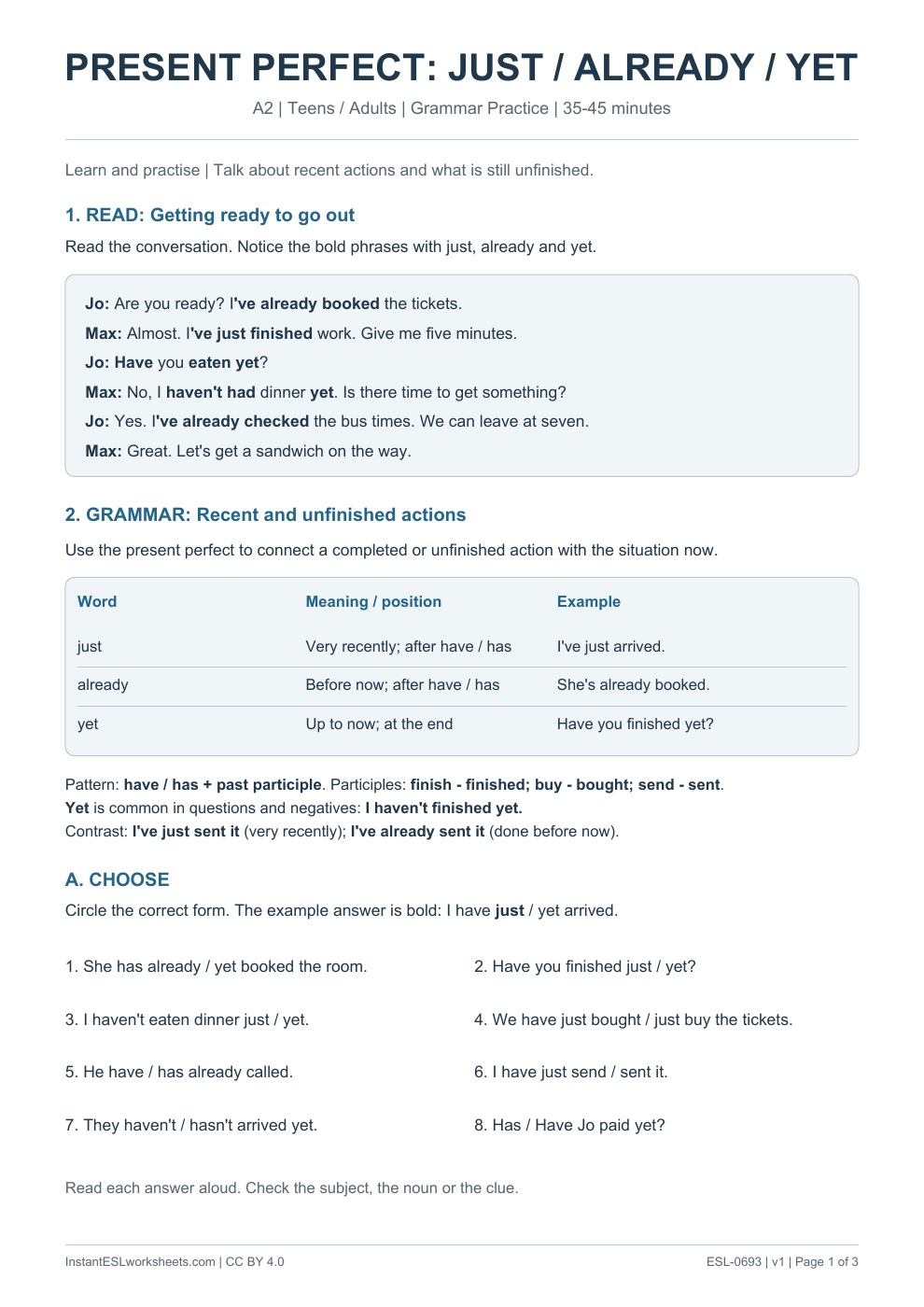 Page 1 of Present Perfect Just Already Yet - Grammar Practice