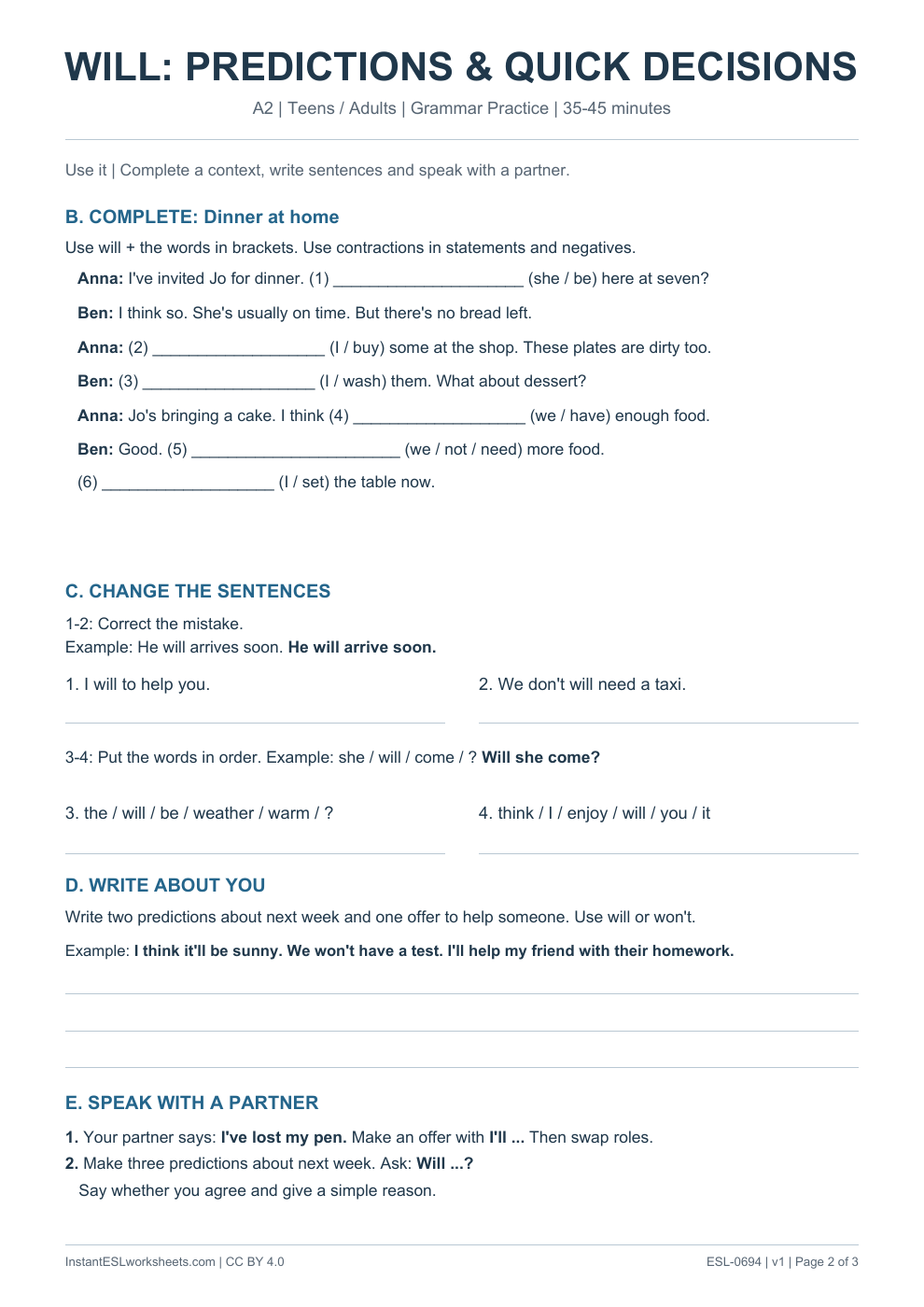 Page 2 of Will Predictions and Quick Decisions - Grammar Practice